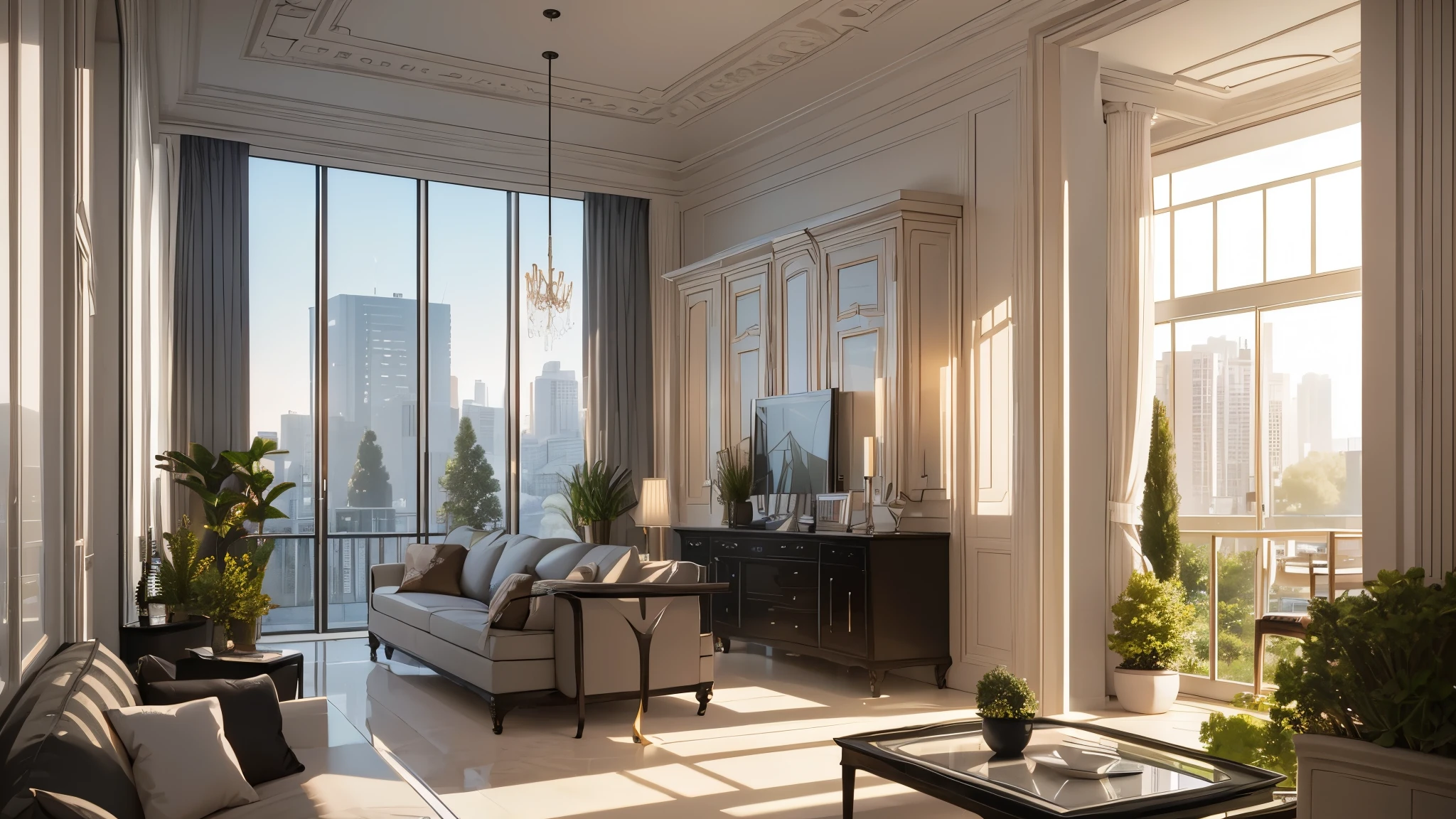 You are a famous interior designer、You have been asked to create a 3D image of a modern large room. Create a harmonious environment with modern and minimalist furniture. Including garden interior.