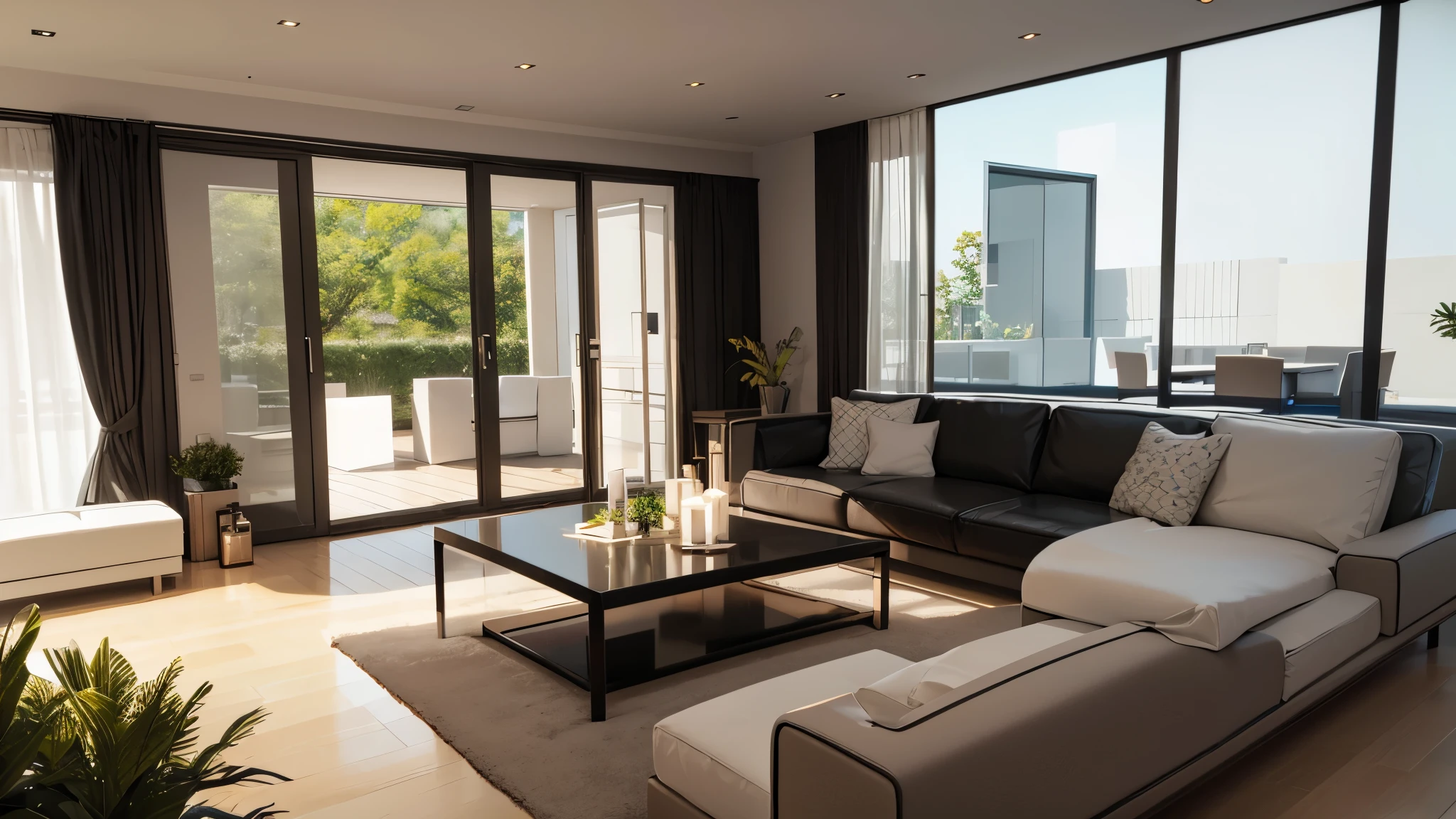 You are a famous interior designer、You have been asked to create a 3D image of a modern large room. Create a harmonious environment with modern and minimalist furniture. Including garden interior.