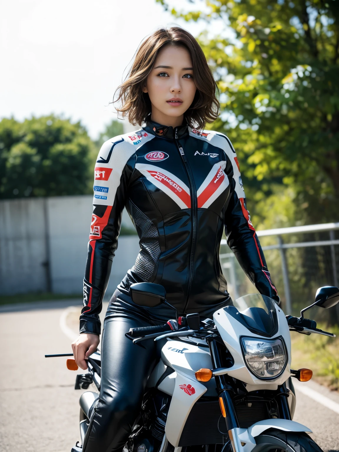 (Raw foto:1.2), Beautuful Women, hight resolution, top-quality,  ((Black Leather Racing Suit)､Circuit field