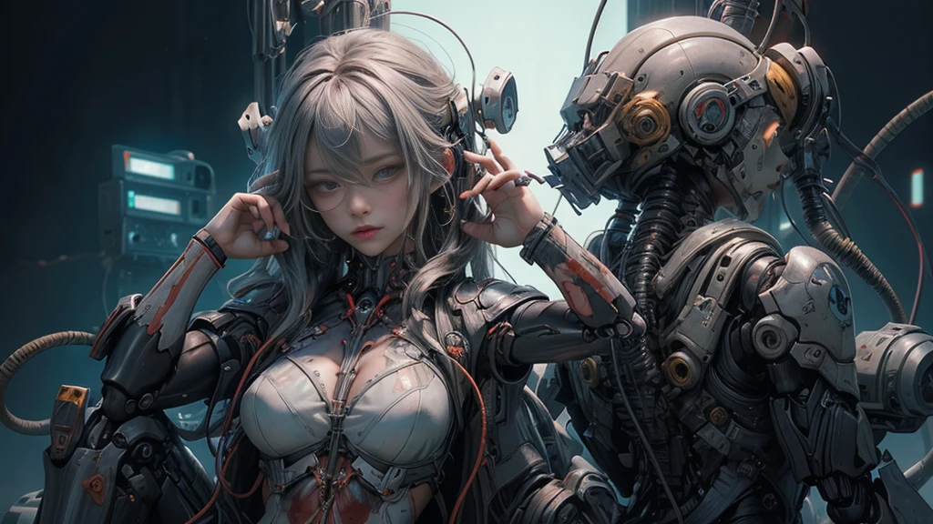 ((covering breast:1.1)), (masterpiece, top quality, best quality, official art, beautiful and aesthetic:1.2), (1girl:1.3), extreme detailed,colorful,highest detailed ((ultra-detailed)), (highly detailed CG illustration), ((an extremely delicate and beautiful)),cinematic light,((1mechanical girl)),solo,full body,(machine made joints:1.2),(machanical limbs),(blood vessels connected to tubes),(mechanical vertebra attaching to back),((mechanical cervial attaching to neck)),(sitting),expressionless,(wires and cables attaching to neck:1.2),(wires and cables on head:1.2),(character focus),science fiction,white background