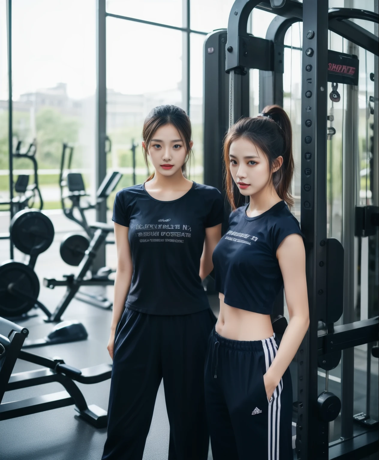 3 girls in fitness center, Navy blue short-sleeved shirt,Navy Long Trackpant,Sweatpants, Sweatpantsขายาว,25 year old girl, lesbian, sexy, exercise clothes, wet body, exercise clothes