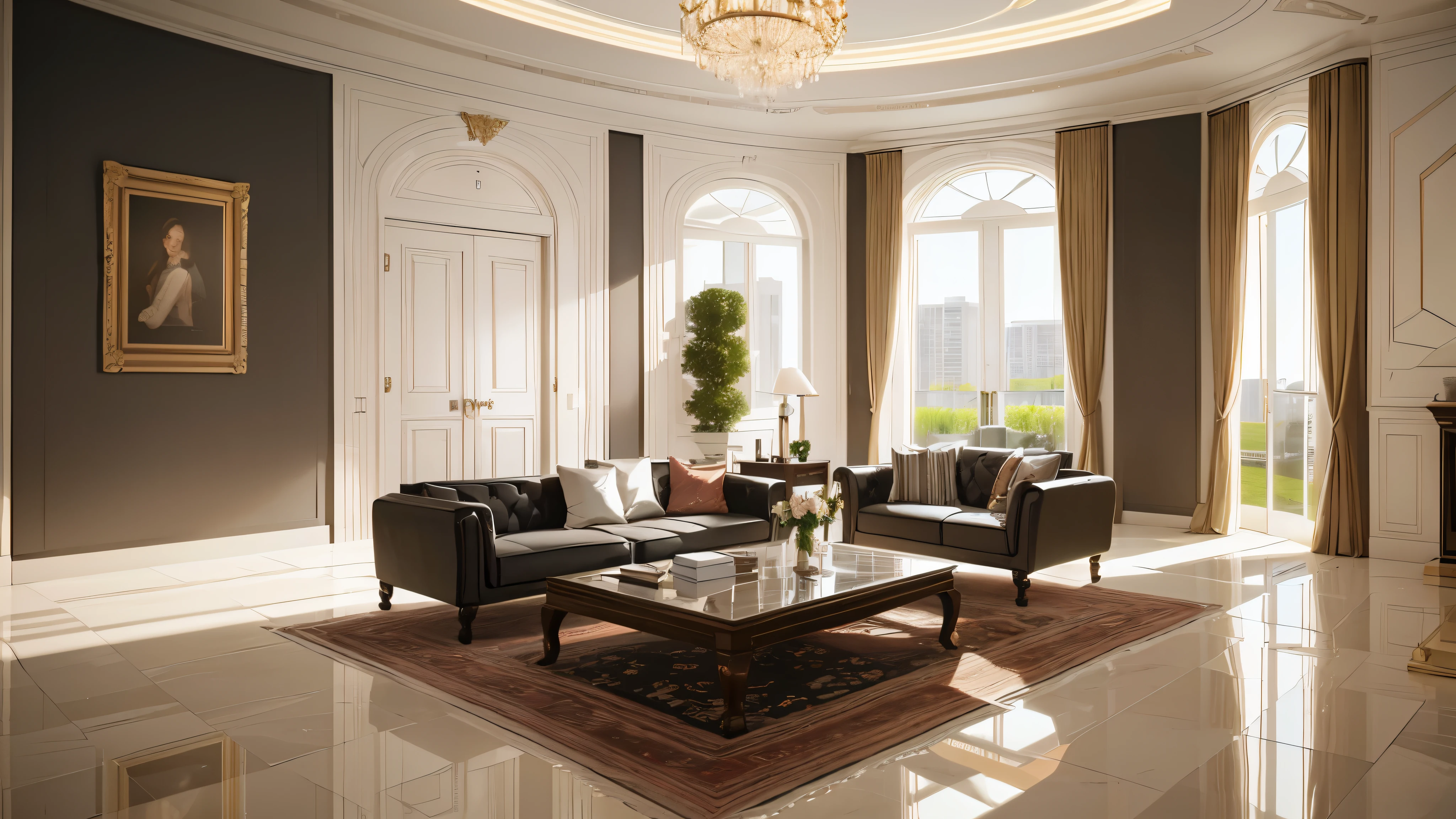 You are a famous interior designer、You have been asked to create a 3D image of a modern large room. Create a harmonious environment with modern and minimalist furniture. Including garden interior.