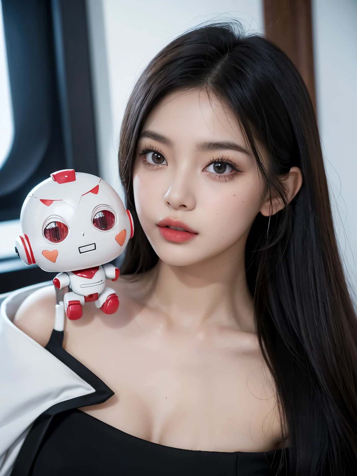 Kim Jennie con el cabello negro oscuro, con rulos en las puntas del cabello negro oscuro, con un ganchito de estrella en el cabello negro oscuro, ojos de color claro, ojos bonitos, ojos llorosos, nariz bonita y respingada, labios bonitos, labios rosas, heart shaped lip and cupid, piel bonita, pale and white skin, con lunares y pecas en todo el rostro, Crimson blush, conmo un robot, cuerpo de robot, cuellos bonito, cuello marcado, frown, mirada enojada, con un collar de beso, un collar bonito de beso, mientras usa un traje de un robot, technological robot, Jennie robot,(pechos grandes, pechos suaves, pechos bonitos, pechos naturales), looking to the camera, selfie
