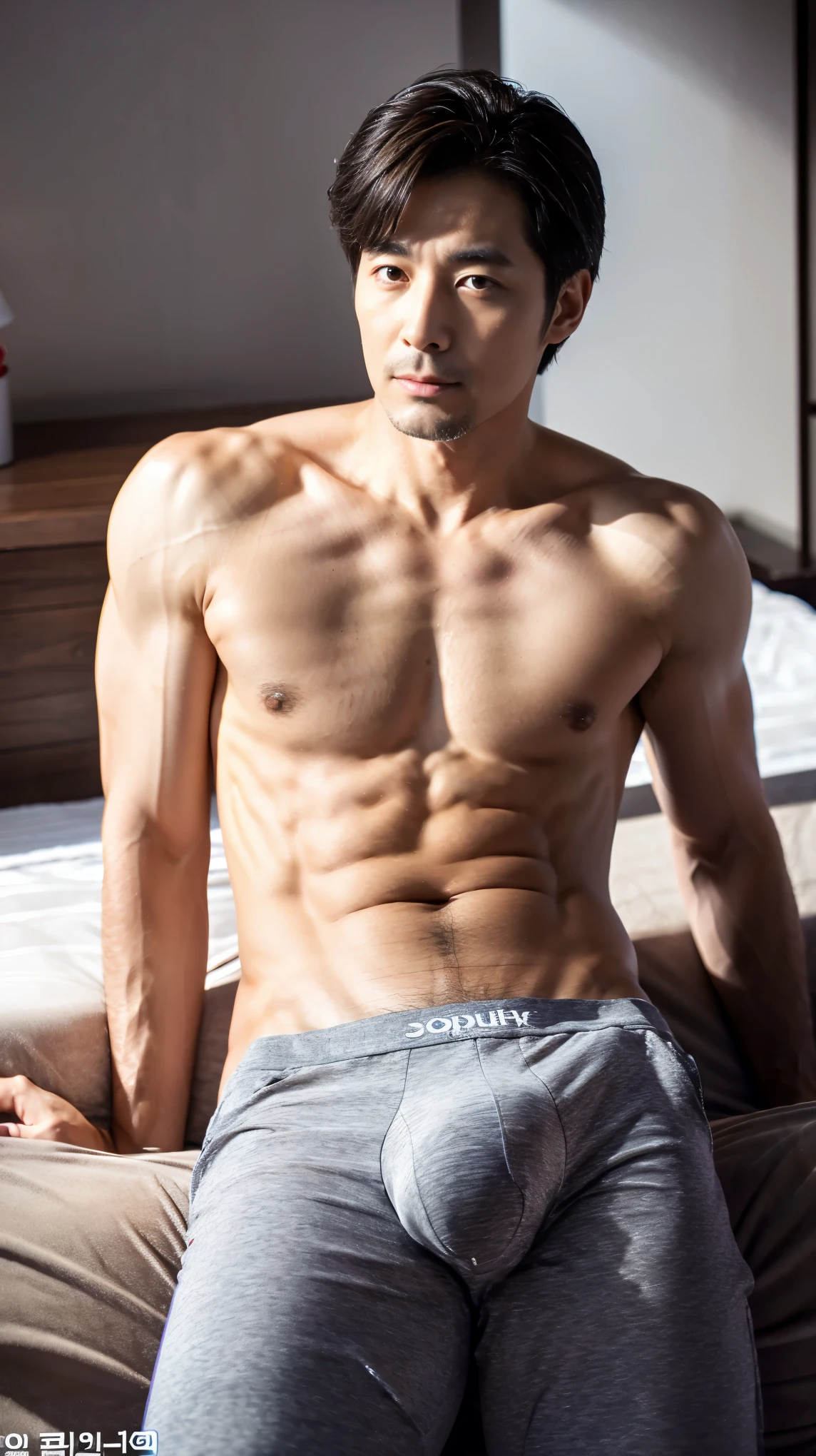 The most handsome Korean man in 2024, model, sexy, attractive, seductive ,45 years old,8k quality , husky, big bulge, short hair, daddy type