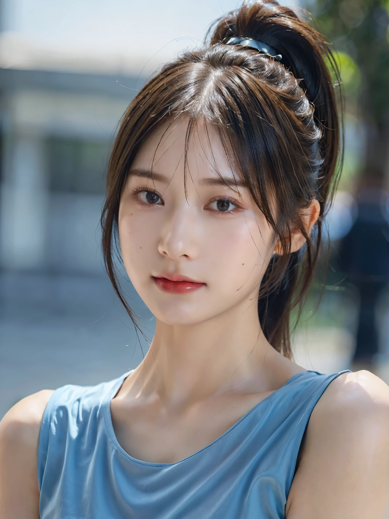 highest quality ,masterpiece, ultra high resolution,(realistic:1.4),RAW photo,(real skin texture:1.3),(film grain:1.3),panorama, 1 girl, character portrait, cinematic lighting, very wide shot,(ponytail hair),narrow waist,Tyndall effect, smile, Beautifully detailed eyes and face, blue dress, head down, brown eyes, upper body,