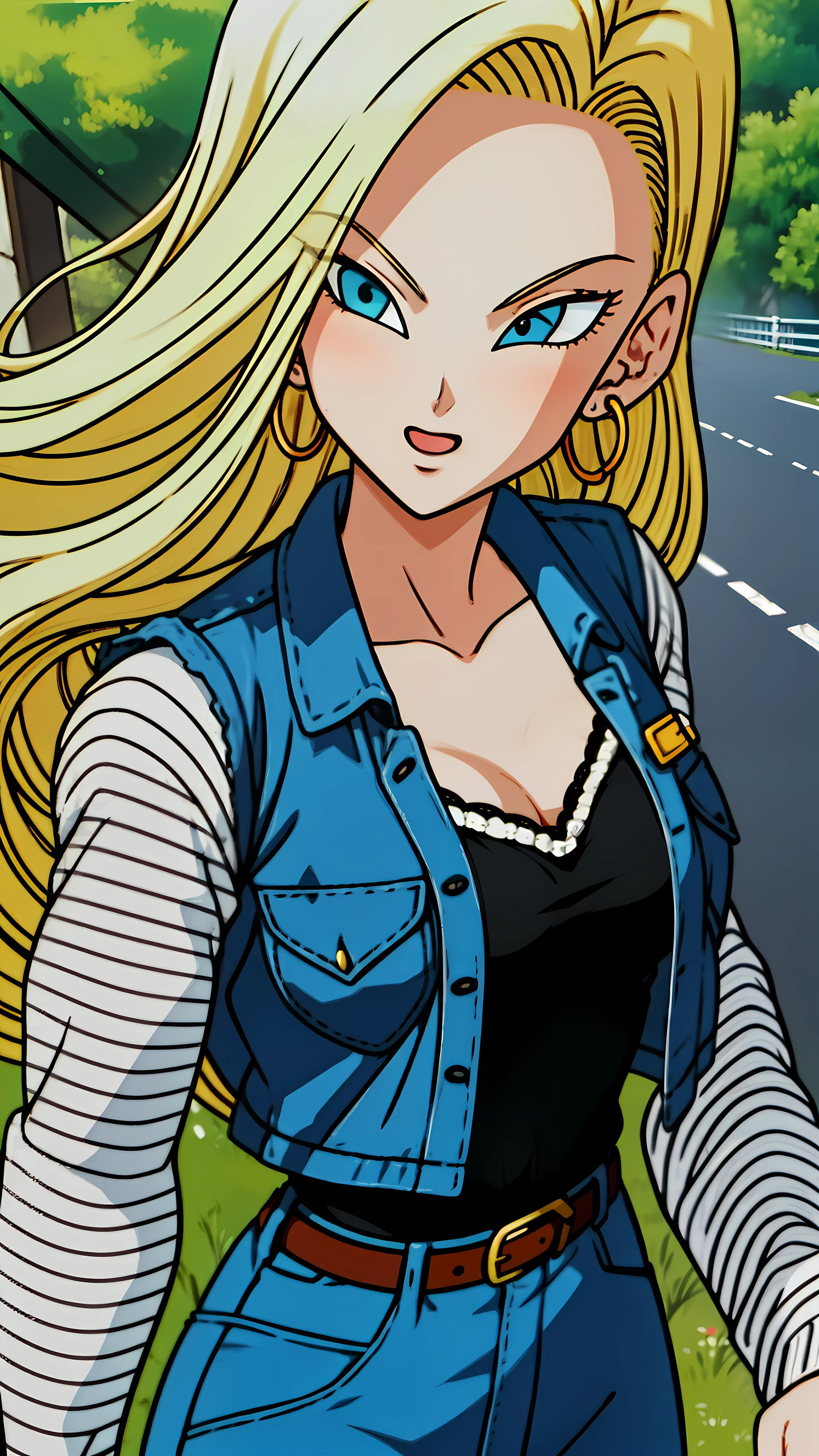 1 girl, alone, flowing hair, gold earrings, (jean jacket:1.2), (black vest:1.1), (long shirt:1.1), (Striped sleeves:1.2), Brown belt, black stockings, flowing hair, medium breasts, posture, (blue denim skirt:1.2), ultra high definition, masterpiece, precise, textured skin, Super details, high detail, high quality, best quality, high resolution,outdoor,sky,open mouth,