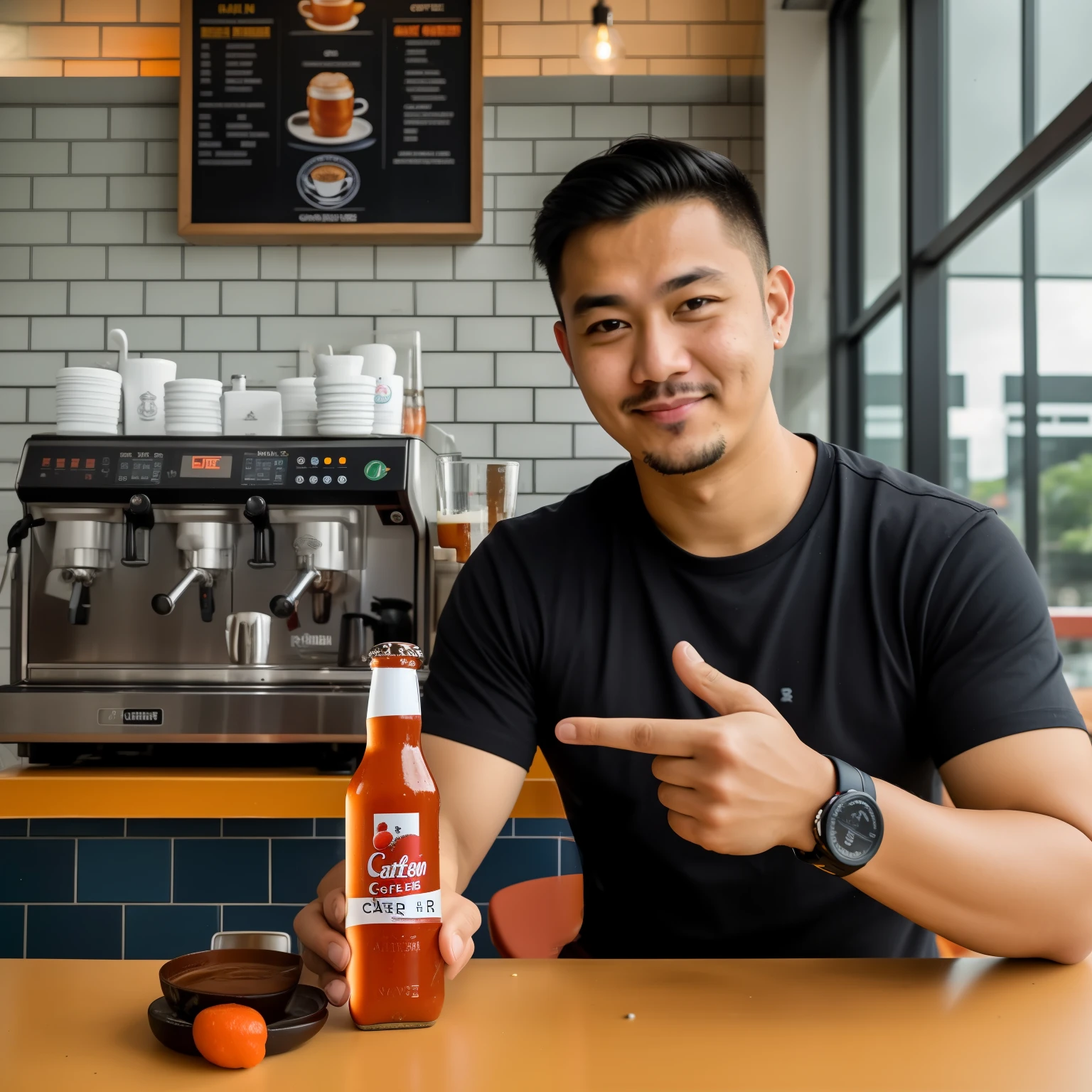 there is a man sitting at a table with a bottle of beer, shot on canon eos r 5, shot on canon eos r5, smooth in _ the background, inspired by Cafer Bater, holding hot sauce, shot with canon eoa 6 d mark ii, inspired by Erik Pevernagie, celebration of coffee products, set on singaporean aesthetic