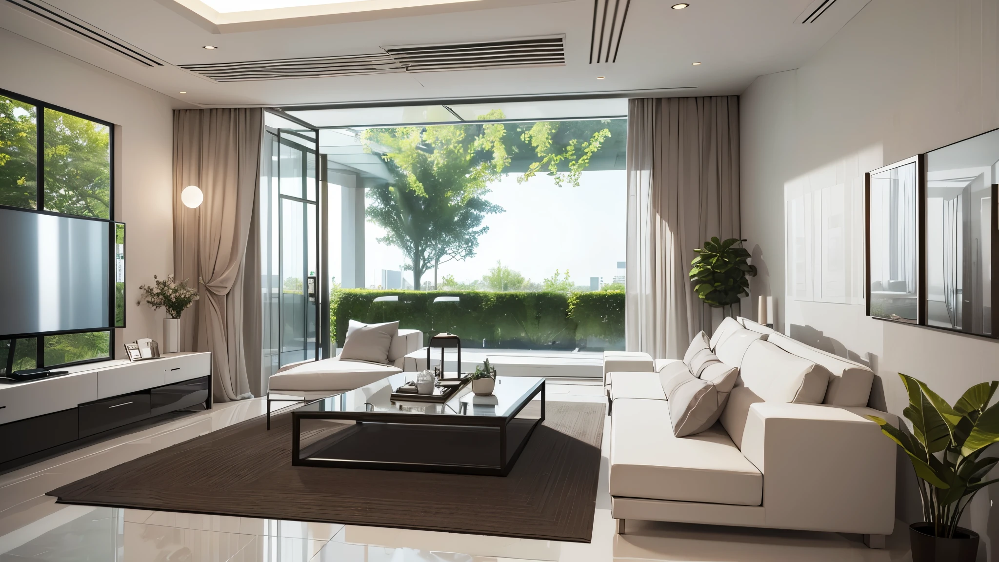 You are a famous interior designer、You have been asked to create a 3D image of a modern large room. Create a harmonious environment with modern and minimalist furniture. Including garden interior.