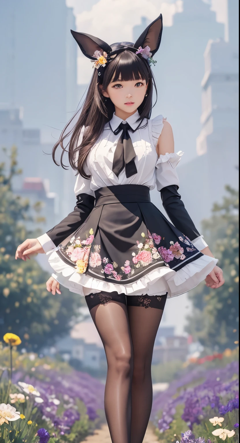 (masterpiece), (best quality), (highly detailed),black pantyhose, skirt, ears,standing,  flower field,