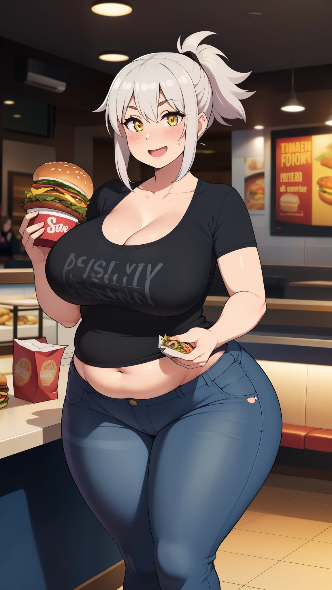 Masterpiece, high quality, best quality, beautiful, perfect lighting, detailed face, detailed body, ((1girl)), ((solo)), ((silver hair)), medium hair, ponytail, (messy hair), yellow eyes, looking at viewer, smile, teasing, (excited), ((blush)), happy, black shirt, jeans, large breasts, cleavage, perky breasts, (wide hips), ((thick thighs)), (chubby), chubby belly, ((fast food restaurant)),