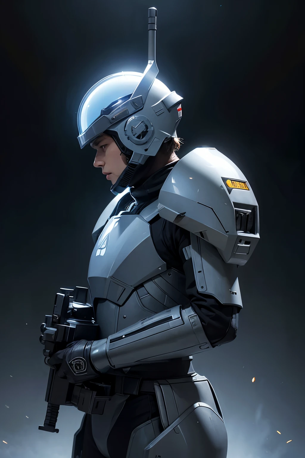 a high tech armoured space soldier, removing helmet