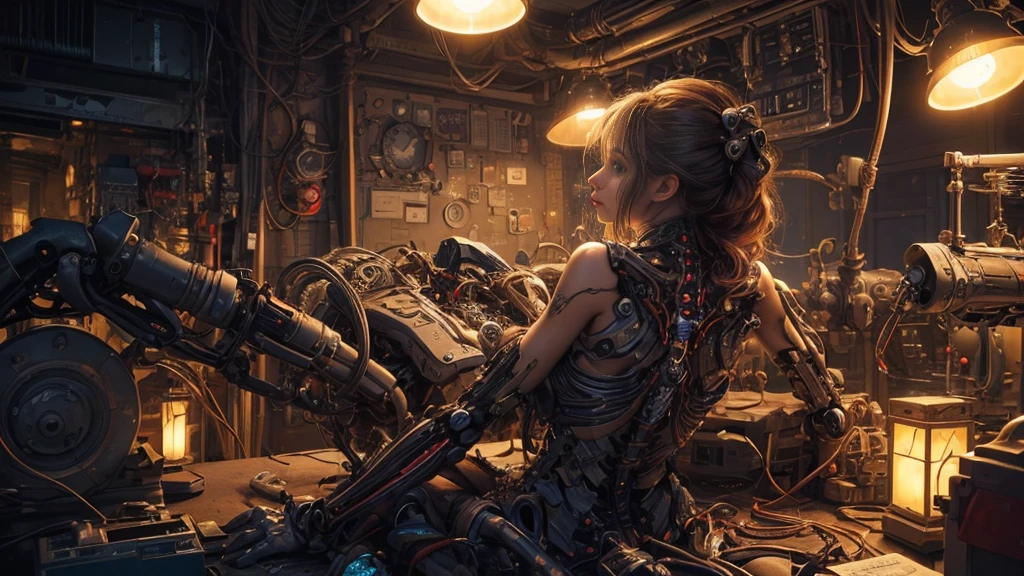 ((half revealing breast:1.1)), (masterpiece, top quality, best quality, official art, beautiful and aesthetic:1.2), (1girl:1.3), extreme detailed,colorful,highest detailed ((ultra-detailed)), (highly detailed CG illustration), ((an extremely delicate and beautiful)),cinematic light,((1mechanical girl)),solo,full body,(machine made joints:1.2),(machanical limbs),(blood vessels connected to tubes),(mechanical vertebra attaching to back),((mechanical cervial attaching to neck)),(sitting),expressionless,(wires and cables attaching to neck:1.2),(wires and cables on head:1.2),(character focus),science fiction,wide angle