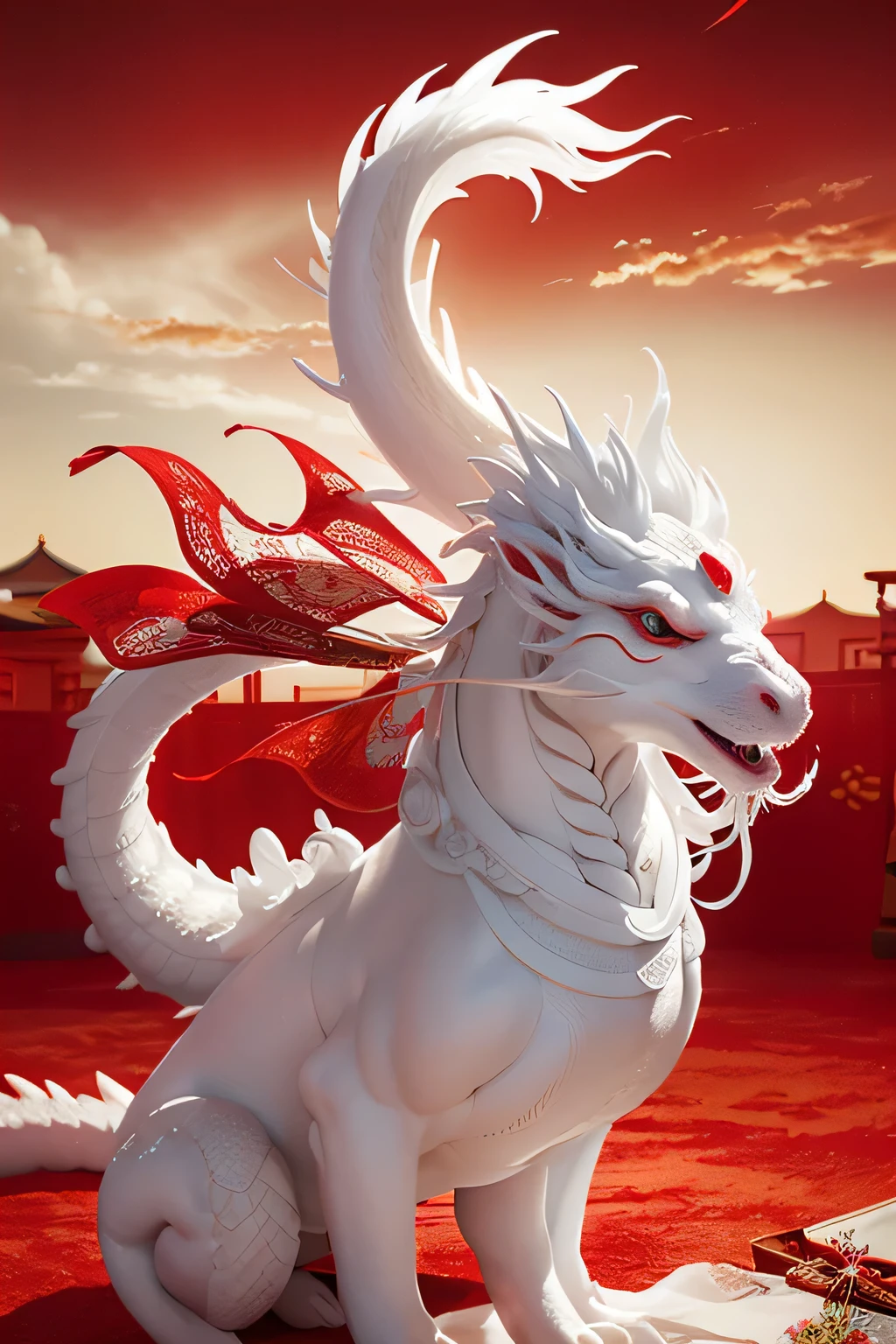 A kind traditional white dragon from ancient China plays with a Chinese knot on a red textured background, Architectural background with cultivation style, translucent cloud, Dark white and light brown, Elegant and balanced