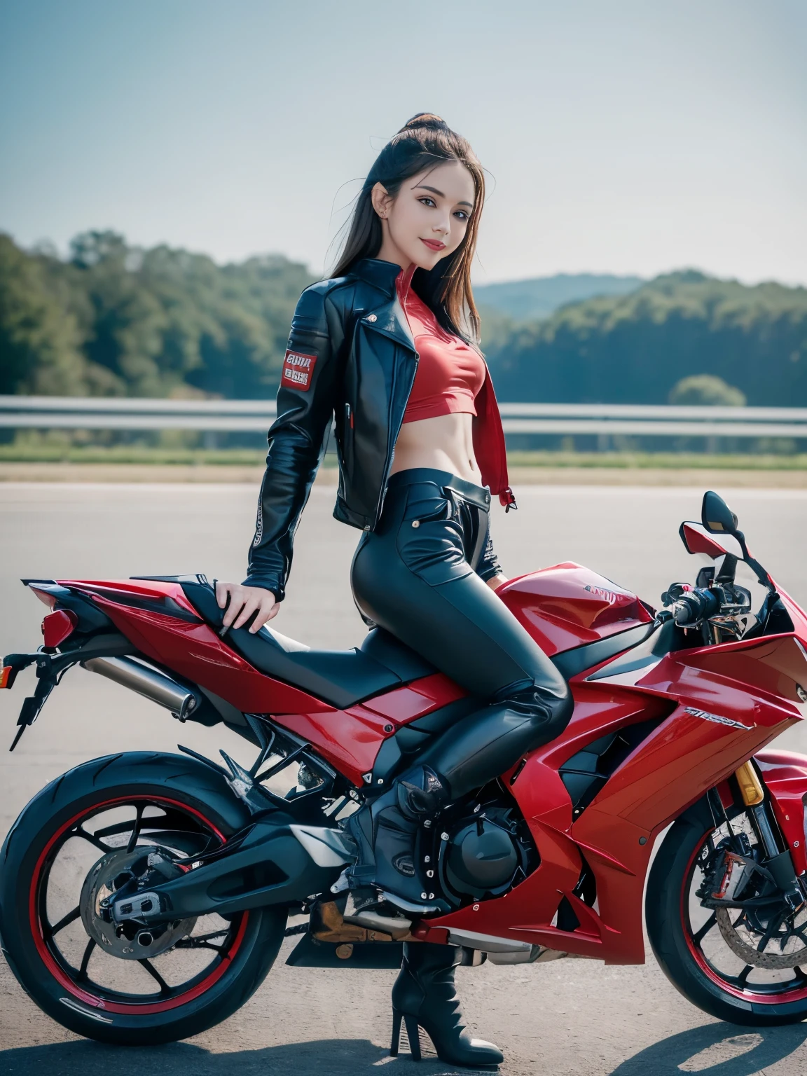 ((highest quality, 8K, masterpiece: 1.3)), sharp: 1.2, perfect body beauty: 1.4,(((Woman on motorcycle))),slender body,((Red long sleeve motorcycle jacket and black long pants)),Highly detailed face and skin texture,((full body shot)),Natural light,smile、beautiful feet、Racing Boots