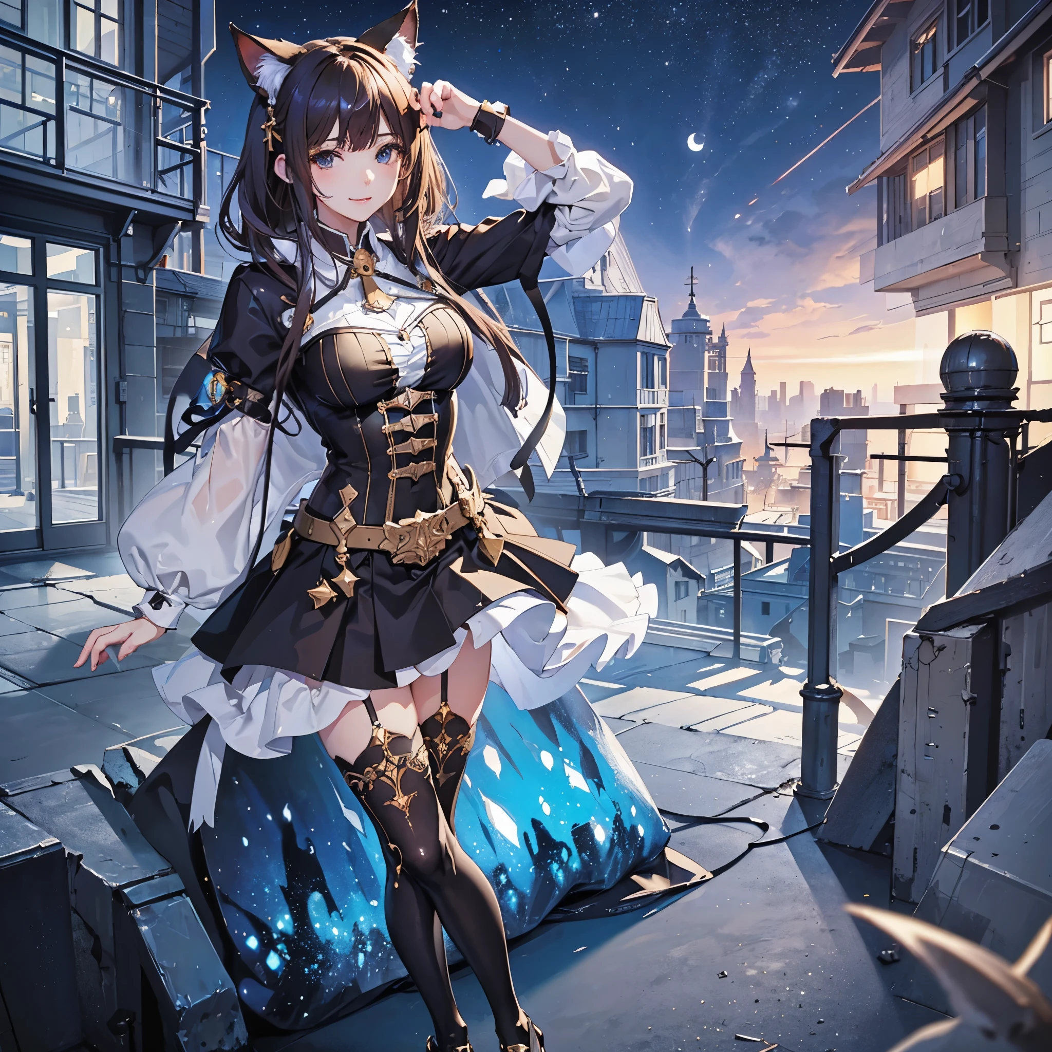 (high quality、8K、ultra hd,dark fantasy,Anime girl with long hair and cat ears standing in front of the earth, The background is buildings from the moon world.、mysterious、Smile、)、Nightcore, very beautiful anime cat girl, Beautiful anime cat girl, Perfect build、progressive house、by Yan J, Trending on ArtStation pixiv、digital painting、concept art、3D lighting、metal reflection、2D rendering、art germ、ArtStat Trends