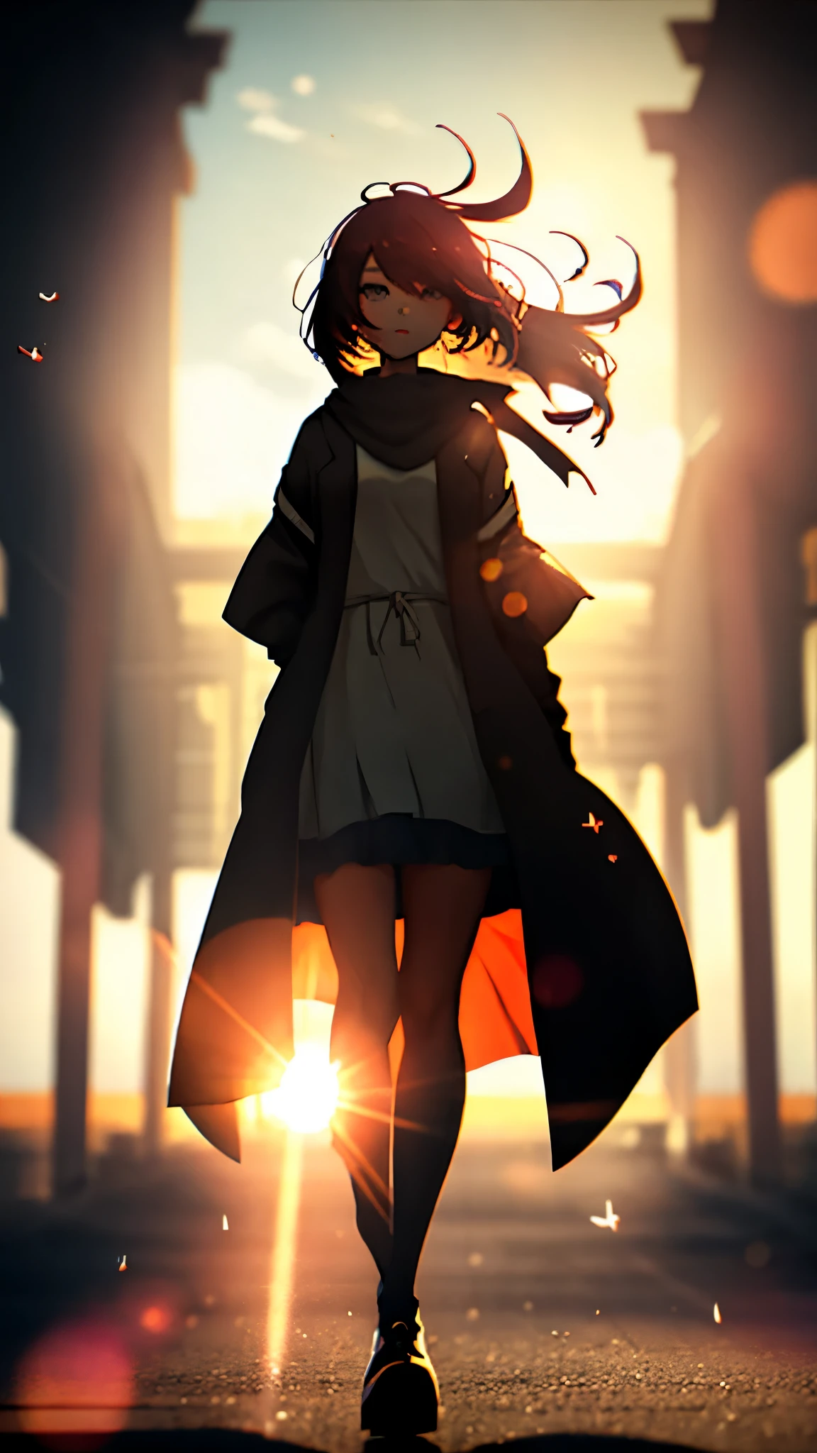 a girl, full body, sun glare, bokeh, depth of field, blurry background, light particles, strong wind,