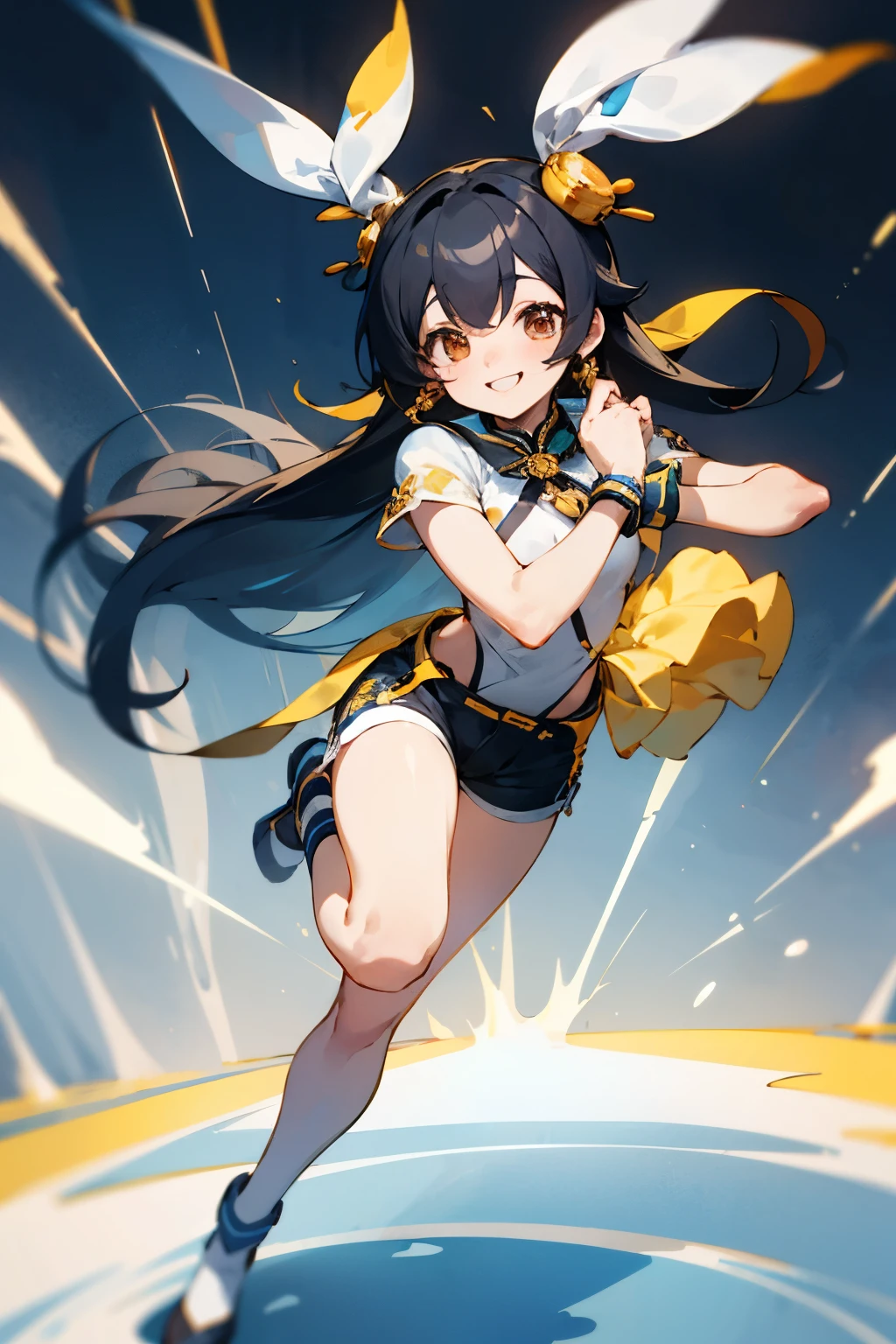 Cute and flashy costumes like idols，Shorts，black hair，long hair that reaches waist，smile，Drooping eyes，Marume，White base，idol pine，whole body