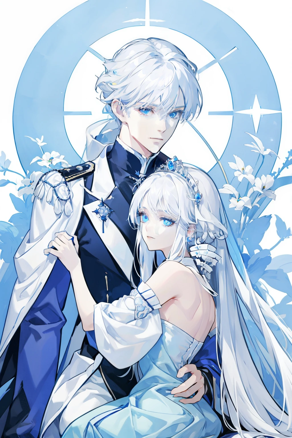 A white-haired man hugs a white-haired woman, blue eyes, royalty, noble, Princess, elegant, high quality, very detailed、detailed face、droppy eyes