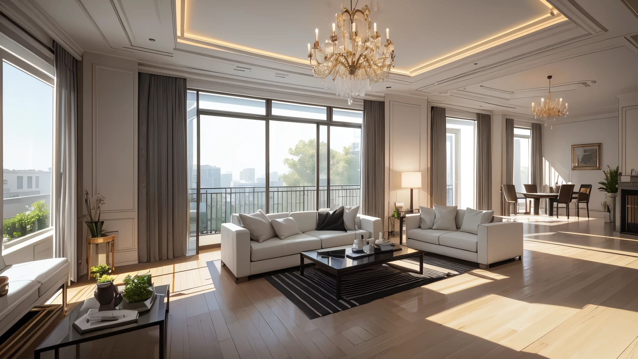 You are a famous interior designer、You have been asked to create a 3D image of a modern large room. Create a harmonious environment with modern and minimalist furniture. Including garden interior.