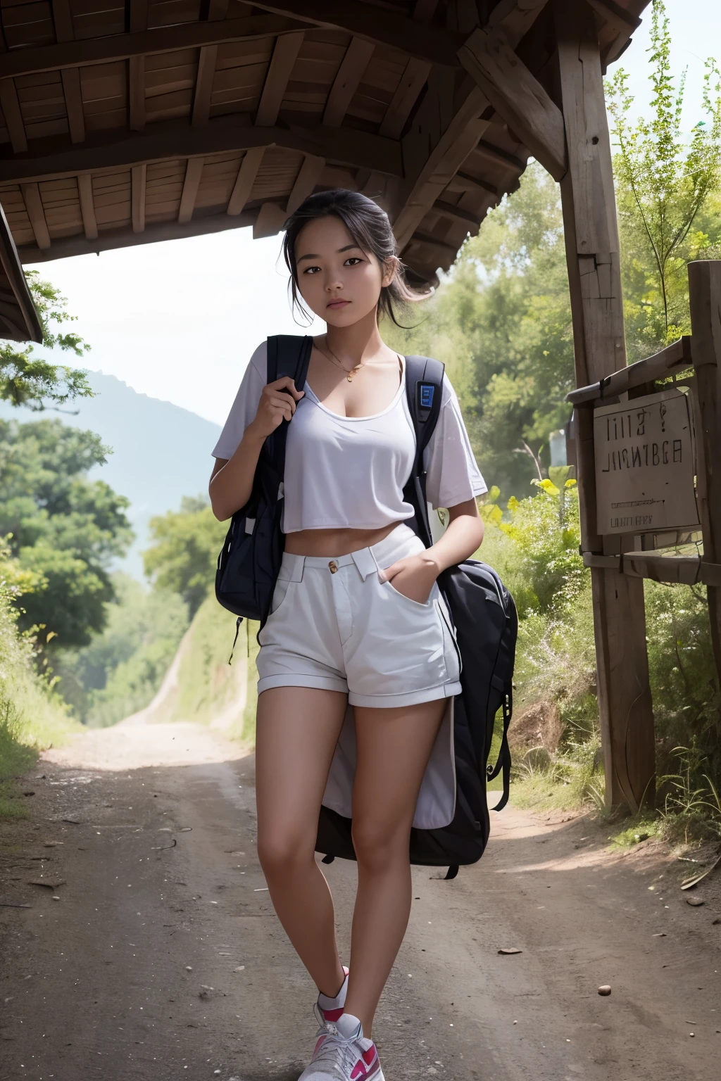 ((top-quality、in 8K、​masterpiece:1.3、Raw photo))、Super high quality photos, In the tropical jungle, ((Wearing business suit jacket and skirt)), ((Wear a white blouse shirt under the jacket)), ((Perfect beauty 20 year old idol Japan woman)), ((a smile)), ((nipples sticking out under the shirt,)), ((slim figure)), ((Slim legs)), ((slim thigh)), ((Perfect beauty 20 year old idol Japan woman)), (Photorealistic: 1.4), (Ultra-high detail), (hyper realisitic: 1.4), (Realistic: 1.3), (Smooth lighting: 1.05), Full body, 1girl in, Solo, (Japanese actressl),　20yr old, cinematlic lighting, ((slim figure)), ((Leaner figure)), Good anatomy, Correct anatomy, In the tropical jungle, ((Perfect beauty 20 year old idol Japan woman)), ((slim figure)), ((Slim legs)), ((slim thigh)), ,((Perfect beauty)), ((He has a small camping bag in one hand.)), ((squatting)), ((Panties are visible through the skirt)), ((a smile)),