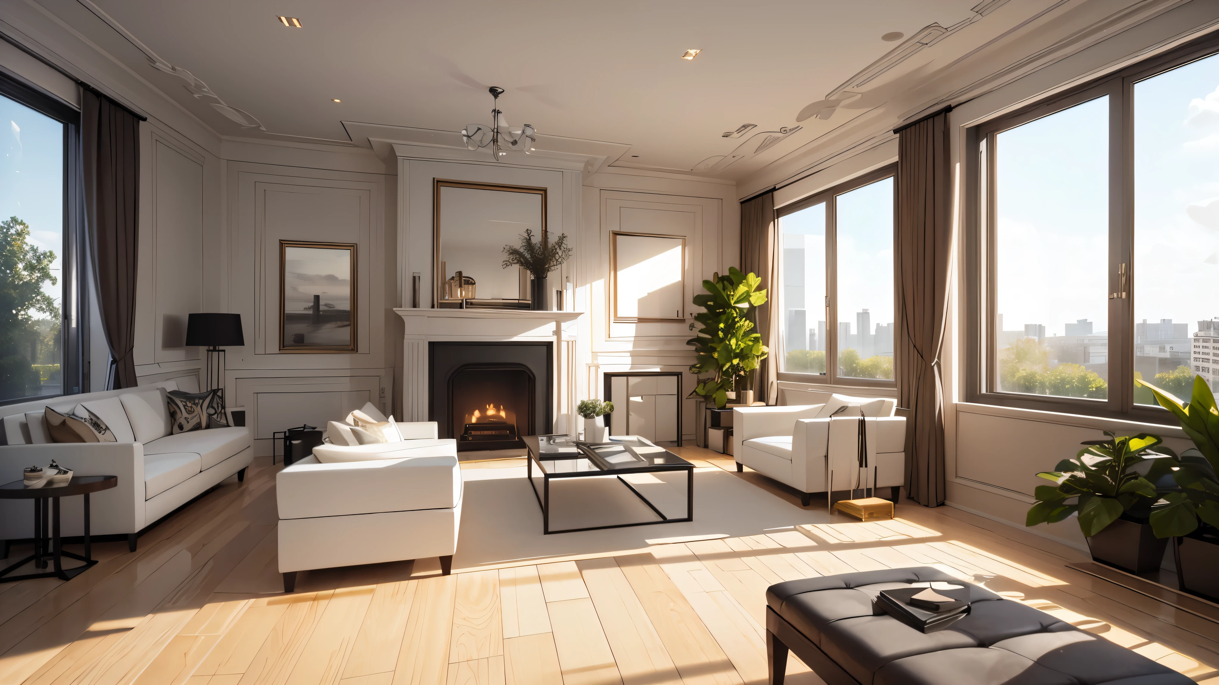 You are a famous interior designer、You have been asked to create a 3D image of a modern large room. Create a harmonious environment with modern and minimalist furniture. Including garden interior.