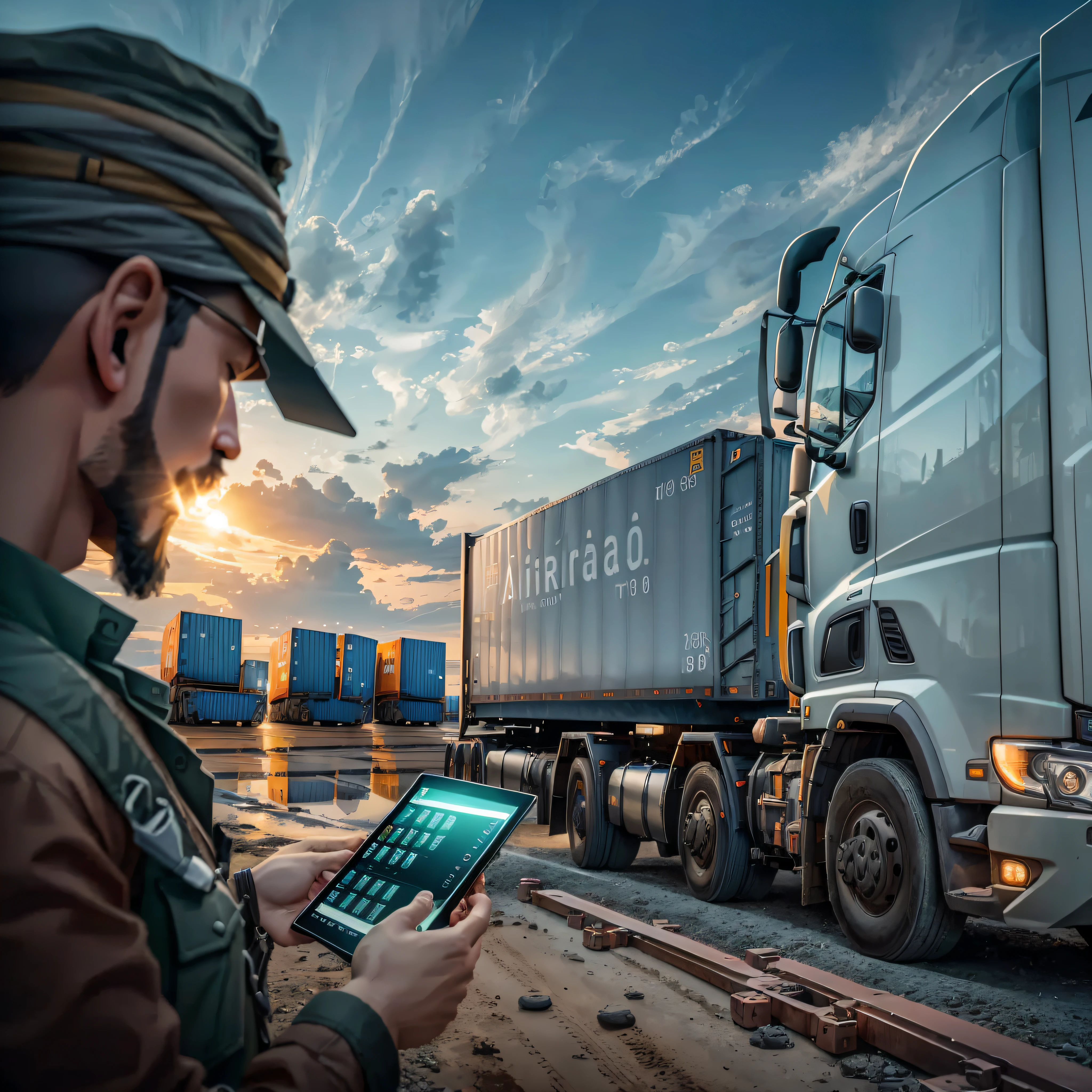 A photo about the logistics aria, background image, with trucks and with a guy in front fiddling with the tablet relating the strategic part 8k, uhd, severe low lighting, high quality, sharp focus, fujifilm XT3 --auto --s2