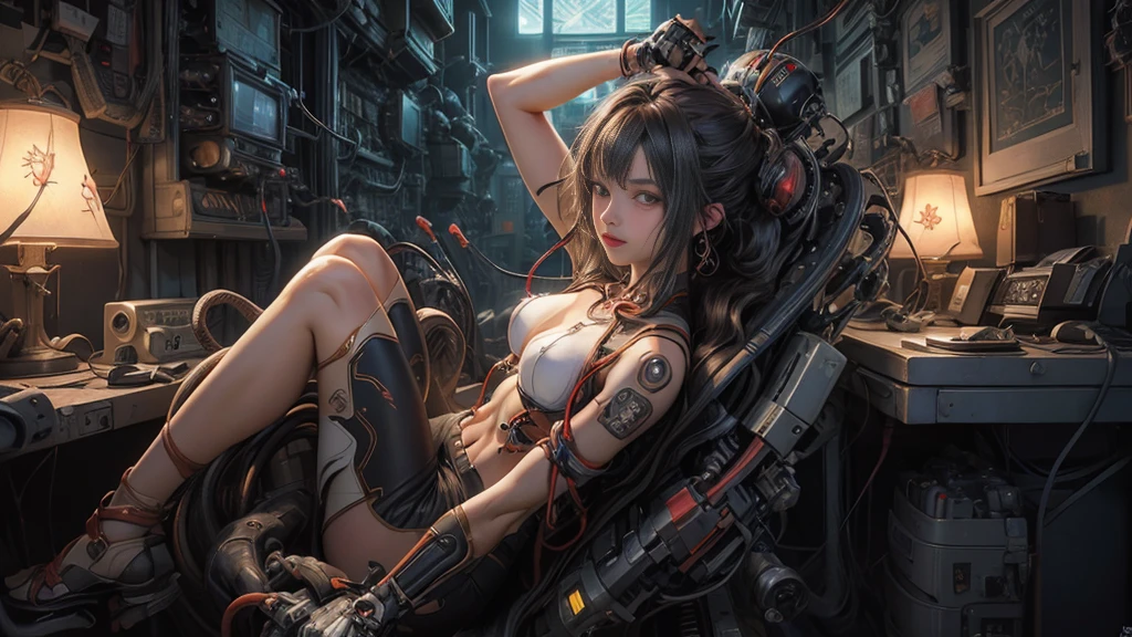 ((larger breast:1.1)), (masterpiece, top quality, best quality, official art, beautiful and aesthetic:1.2), (1girl:1.3), extreme detailed,colorful,highest detailed ((ultra-detailed)), (highly detailed CG illustration), ((an extremely delicate and beautiful)),cinematic light,((1mechanical girl)),solo,full body,(machine made joints:1.2),(machanical limbs),(blood vessels connected to tubes),(mechanical vertebra attaching to back),((mechanical cervial attaching to neck)),(sitting),expressionless,(wires and cables attaching to neck:1.2),(wires and cables on head:1.2),(character focus),science fiction,wide angle