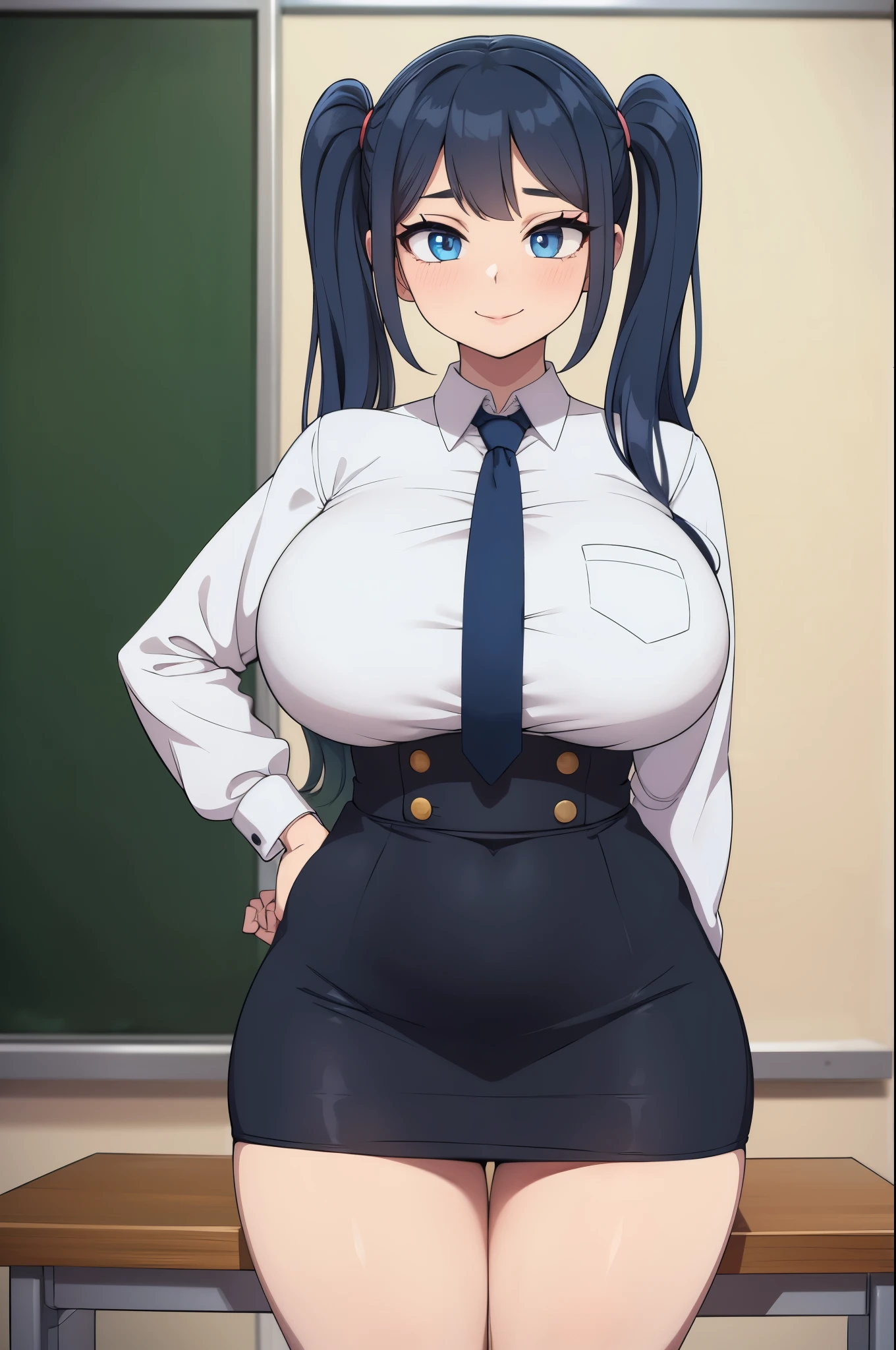 masterpiece, best quality, ultra-detailed, illustration, colorful, flat color, depth of field, 1girl, sona, anime, standing, light blue hair, twintails, blue eyes, looking at viewer, simple background, hands behind back, white shirt, blue necktie, black pencil skirt, black pantyhose, teacher, detailed skin texture, detailed cloth texture, beautiful detailed face, huge breasts, blush, seductive smile, makeup, shortstackBT, shortstack