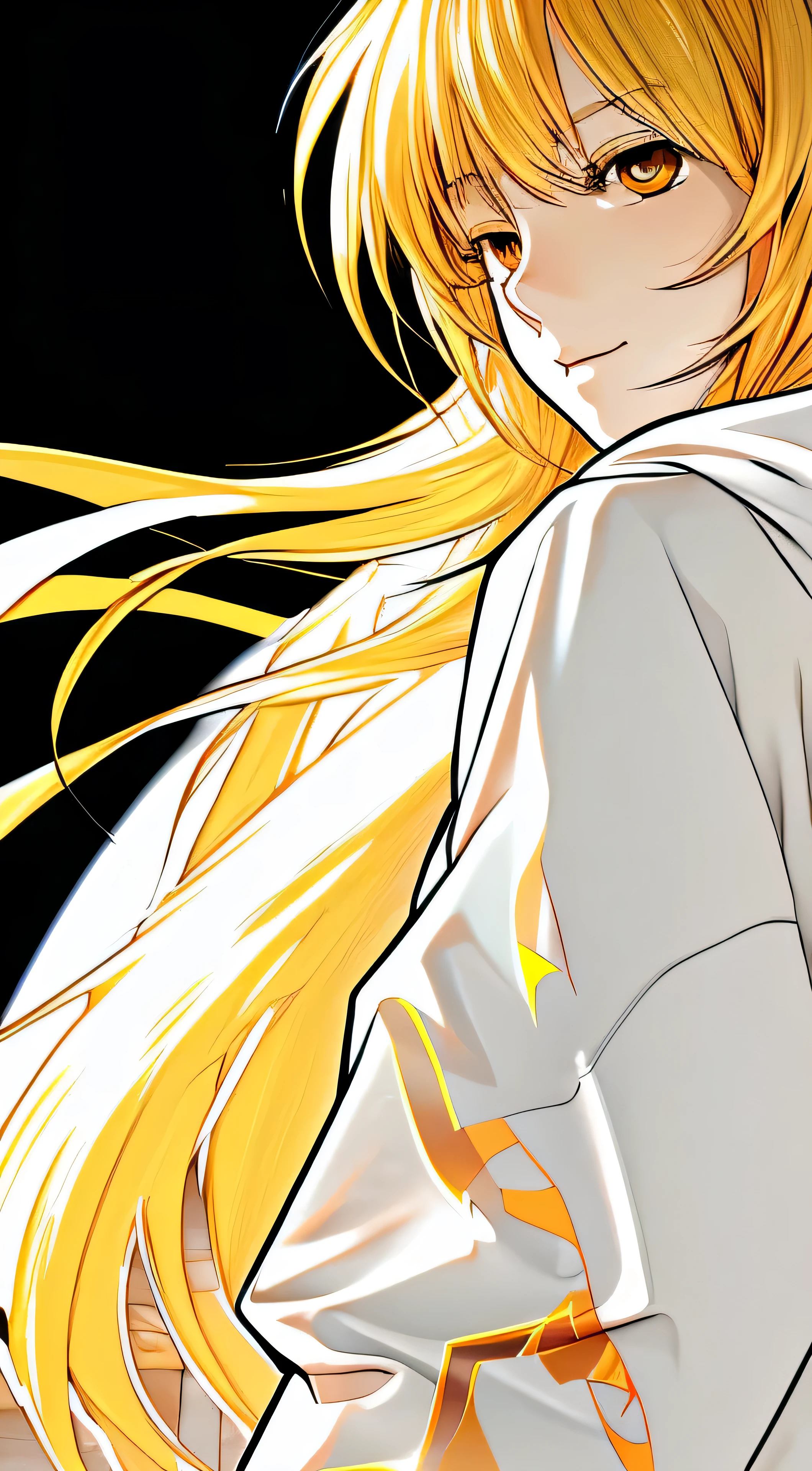 Top Quality, Masterpiece, High Resolution, 8k, Hoodie and Anime Style Girl, One Girl, Detailed Line Art, Bright White and Bright Amber Style, Digital Enhancement, Close Up, Anime Core, Flowing Fabric
