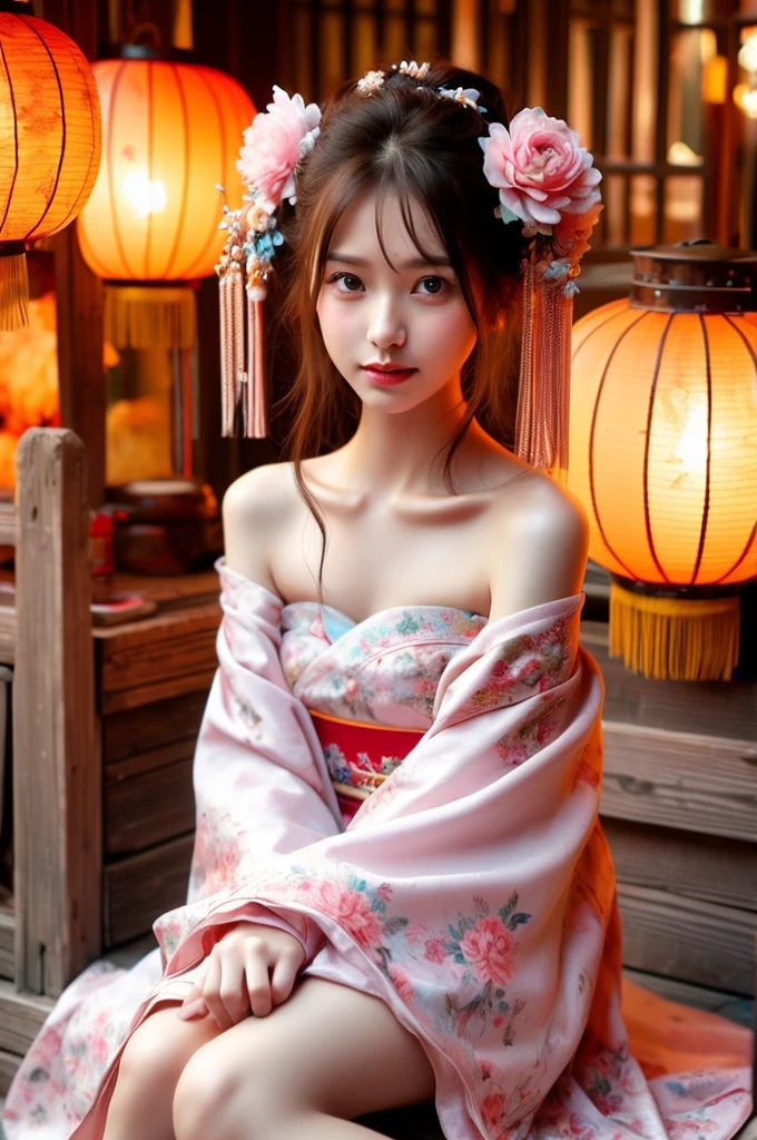 possession_, realistic,
1 woman, brown hair, headdress, candela, alone, seat, paper candela, long hair, brown eyes, realistic, hair bun, bare shoulders, flower, hair flower, chinese clothes, looking at viewer, japanese clothes, double bun, kimono, Lips
((wash painting)),((ink...,