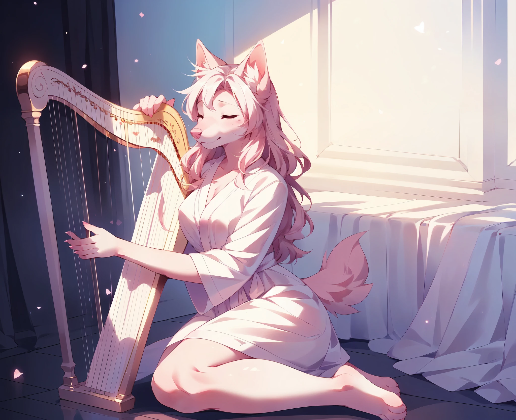 Solo, Athena, by fumiko, by hyattlen, anthro domestic pink dog girl, pink furry body, pink ears, closed eyes, pink nose, snout, wearing white robes, feet paws, 4 toes, playing the harp,  holding a harp, in an elegant white room, 