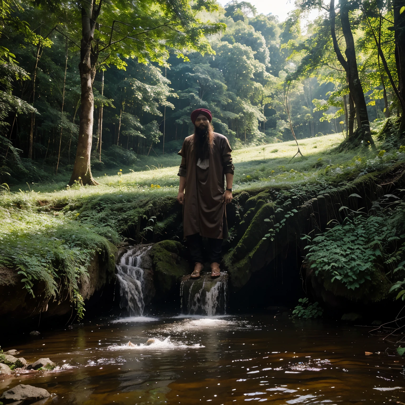 sangat realistis foto interpretasi menakjubkan hutan tanah cernunnos dengan sungai dan bunga berwarna-warni, alam musim gugur, matahari terbenam yang gelap, pemandangan dinamis, sinematik, realistis