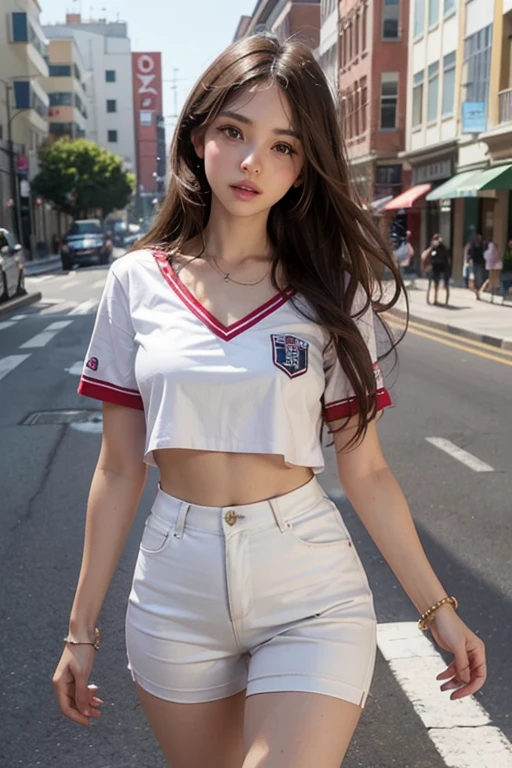 ((Mejor calidad)), ((obra maestra)), (detallado), cara perfecta, una chica colegiala, caminando en la calle, falda muy corta, blusa blanca muy delgada, cabello rojo corto, piel muy blanca, piernas largas, caletas escolares, sexy