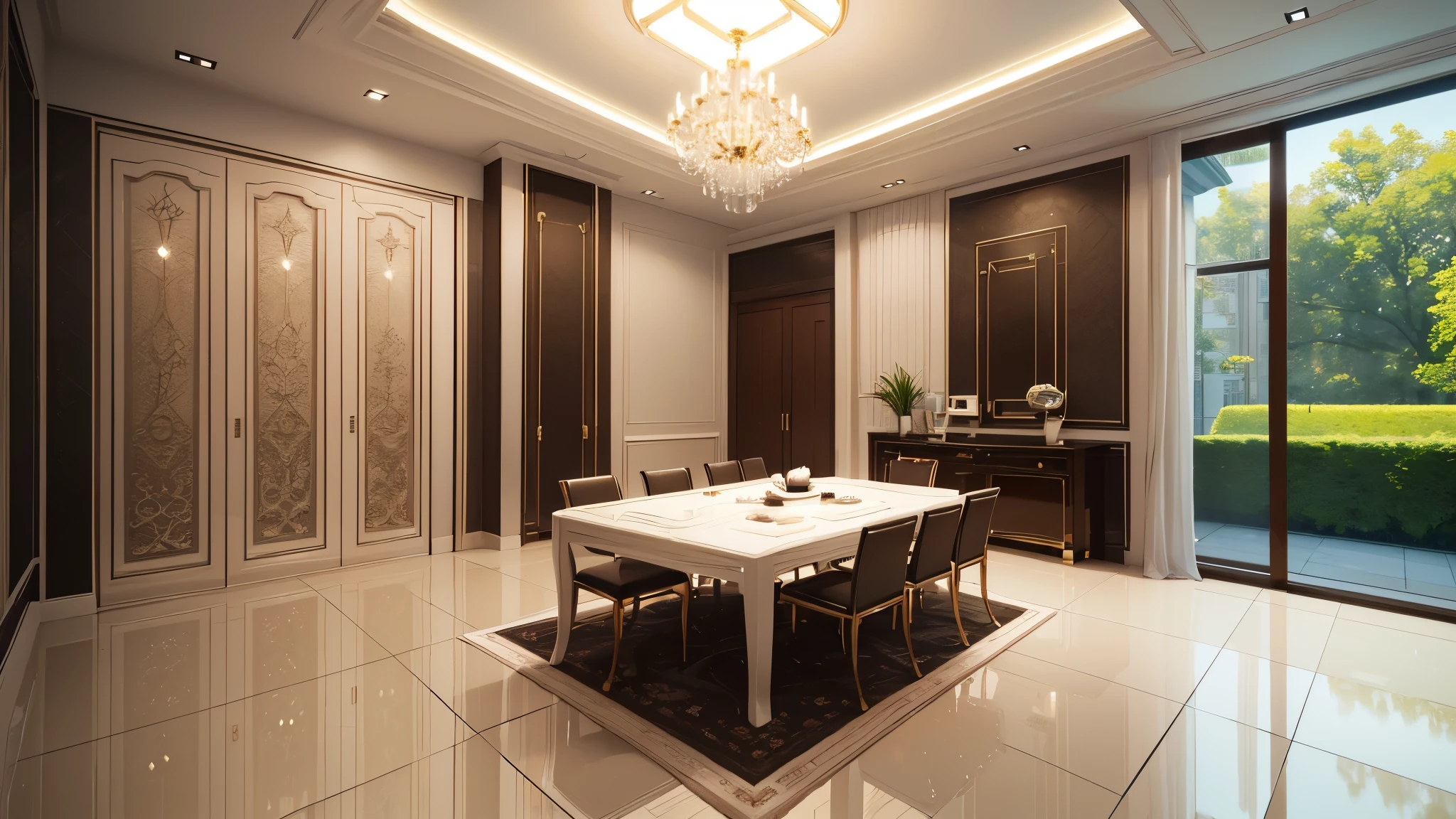 You are a famous interior designer、You have been asked to create a 3D image of a modern large room. Create a harmonious environment with modern and minimalist furniture. Including garden interior.
