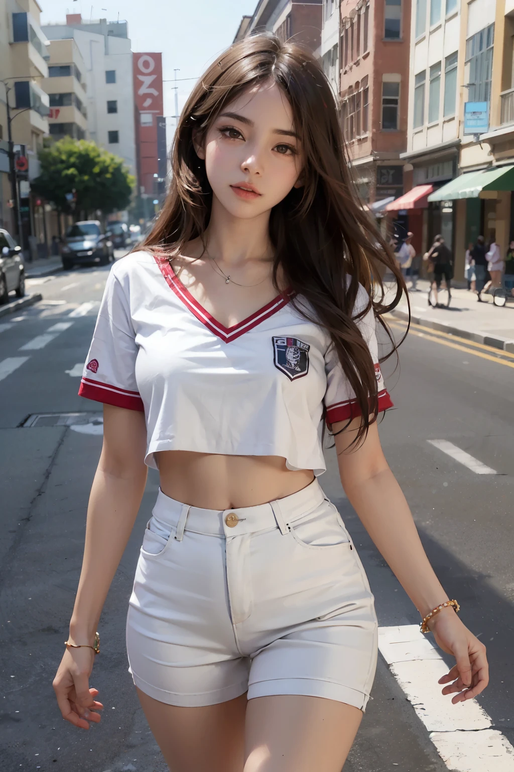 ((Mejor calidad)), ((obra maestra)), (detallado), cara perfecta, una chica colegiala, caminando en la calle, falda muy corta, blusa blanca muy delgada, cabello rojo corto, piel muy blanca, piernas largas, caletas escolares, sexy
