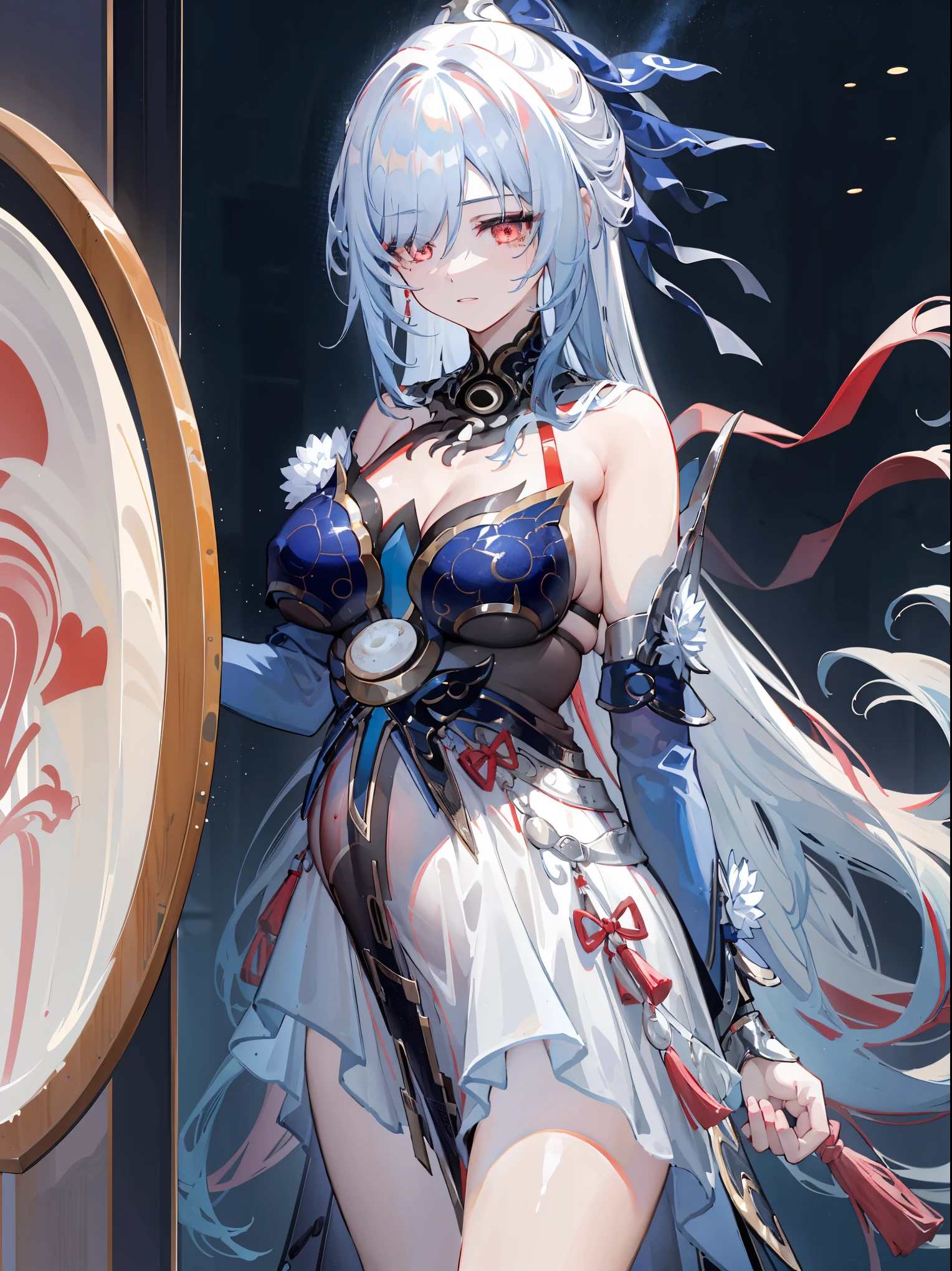 best quality, masterpiece, 1 girl, red eyes, Tie up your light blue hair，Large，Pregnant的肚子，pregnant belly，Pregnant，happy，4k，pixiv，Mirror flow，