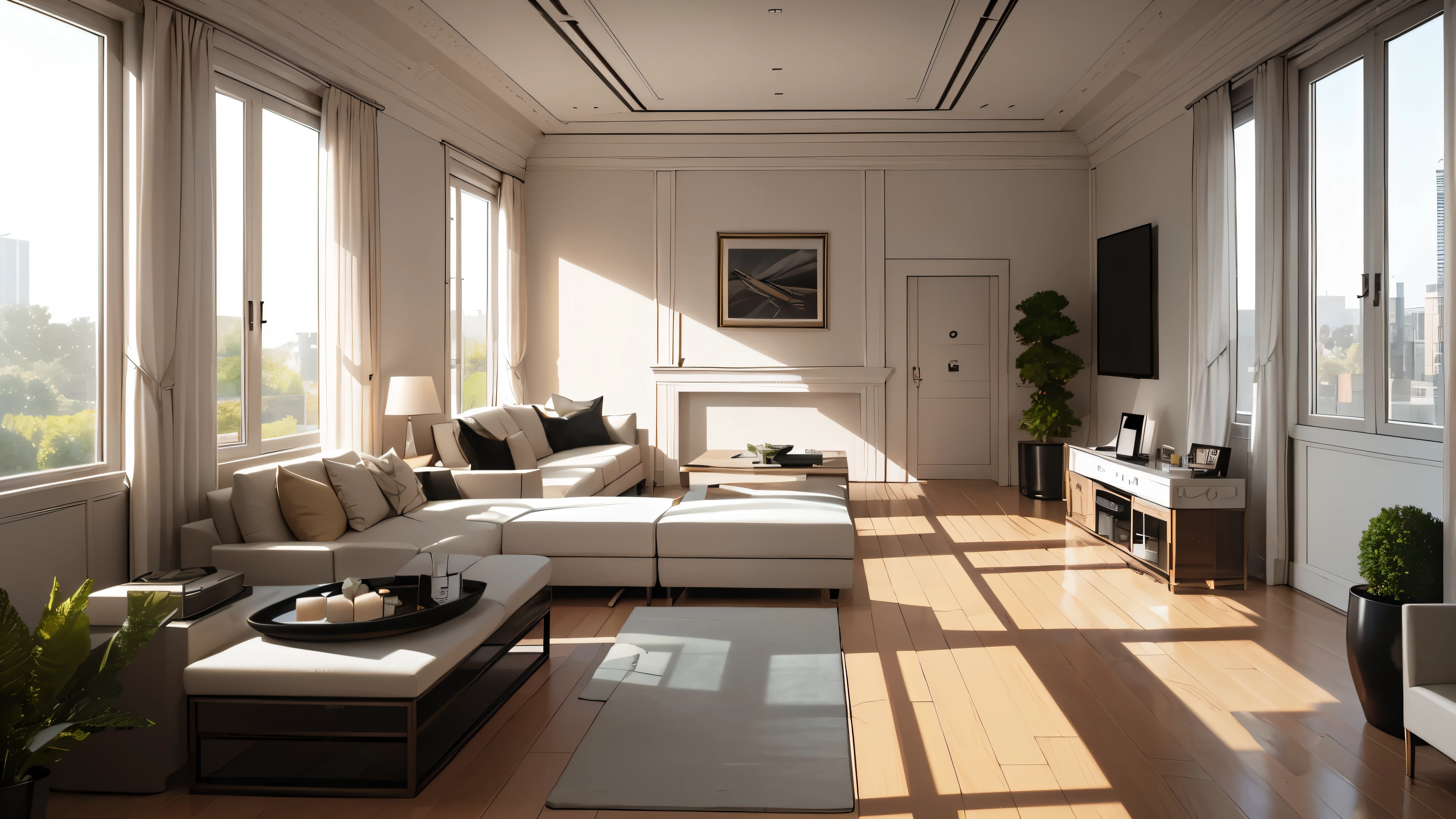 You are a famous interior designer、You have been asked to create a 3D image of a modern large room. Create a harmonious environment with modern and minimalist furniture. Including garden interior.