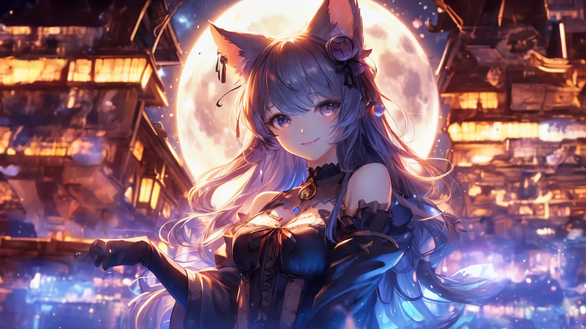(high quality、8K、ultra hd,dark fantasy,Anime girl with long hair and cat ears standing in front of the earth, The background is buildings from the moon world.、mysterious、Smile、)、Nightcore, very beautiful anime cat girl, Beautiful anime cat girl, Perfect build、progressive house、by Yan J, Trending on ArtStation pixiv、digital painting、concept art、3D lighting、metal reflection、2D rendering、art germ、ArtStat Trends
