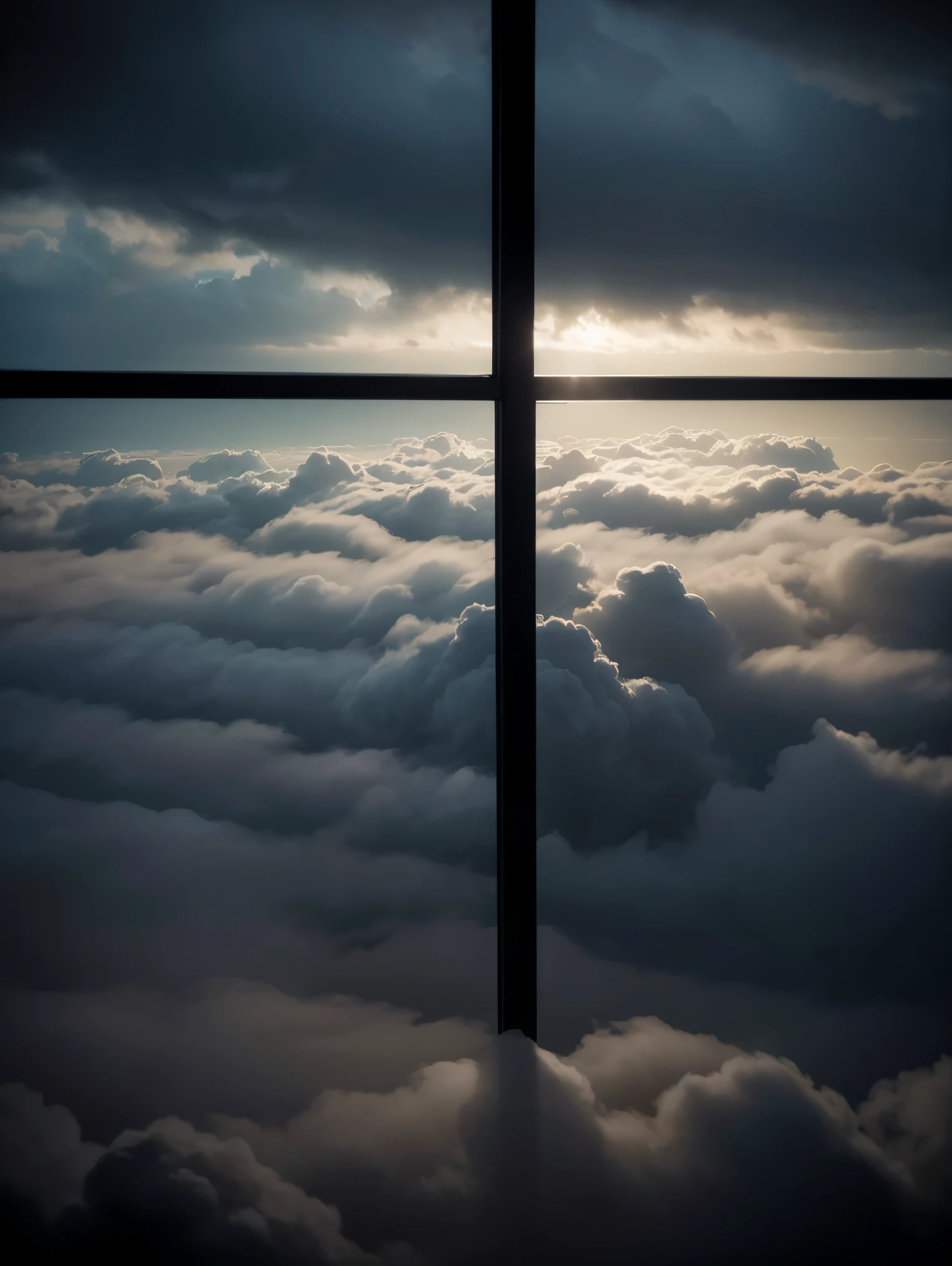 In a dimly lit room, by the window  a vast expanse of clouds stretches out against the backdrop of a radiant sky. The play of light and shadow creates a cinematic atmosphere, casting dramatic hues throughout the scene. The underexposed setting enhances the mysterious  mood, leaving the viewer captivated by the  enchanting interplay between darkness and light.