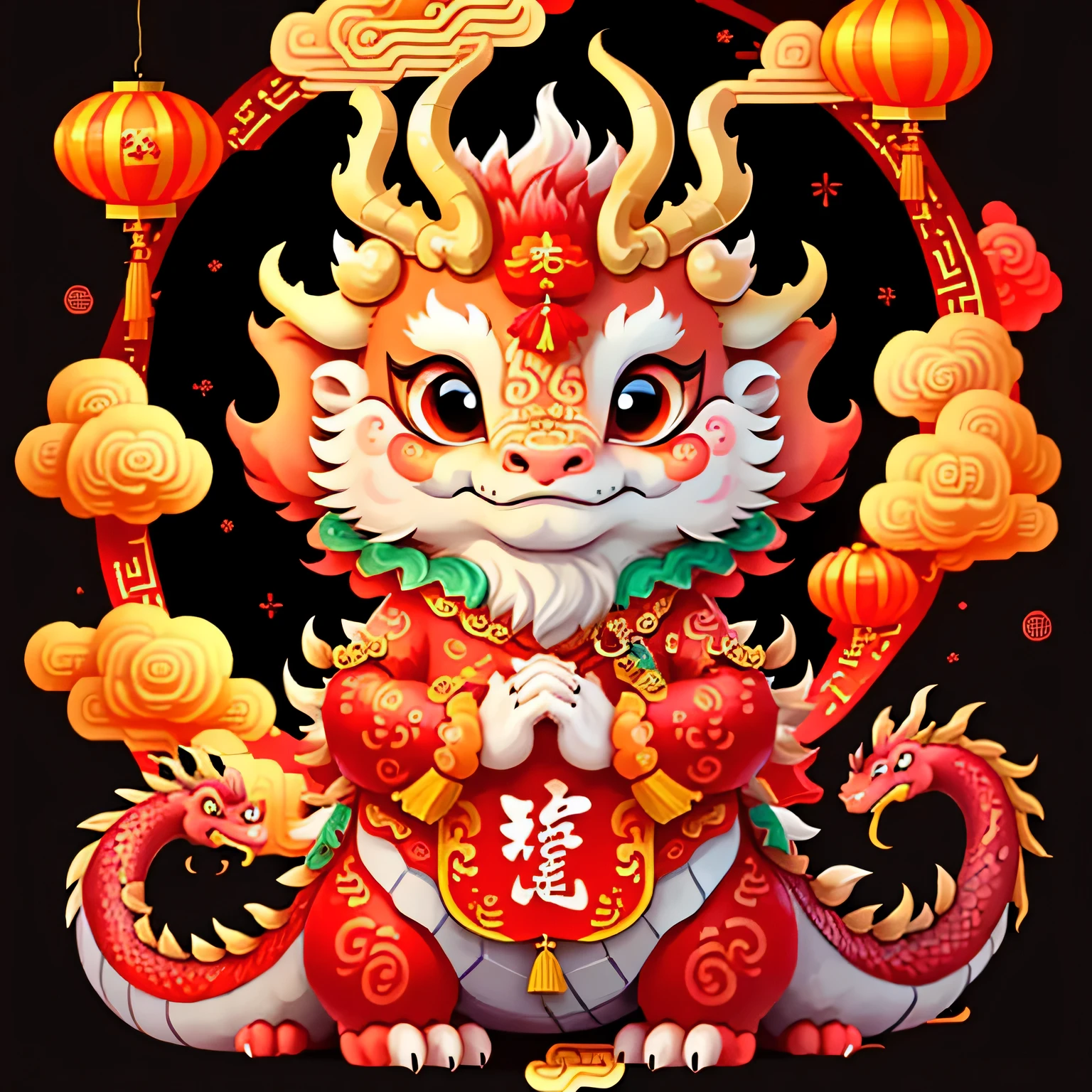 Chinese dragon，majestic，background chinese new year flavor，Delicate picture quality，HD，Very amiable expression，Holding hands, New Year wishes and good luck in the Year of the Dragon