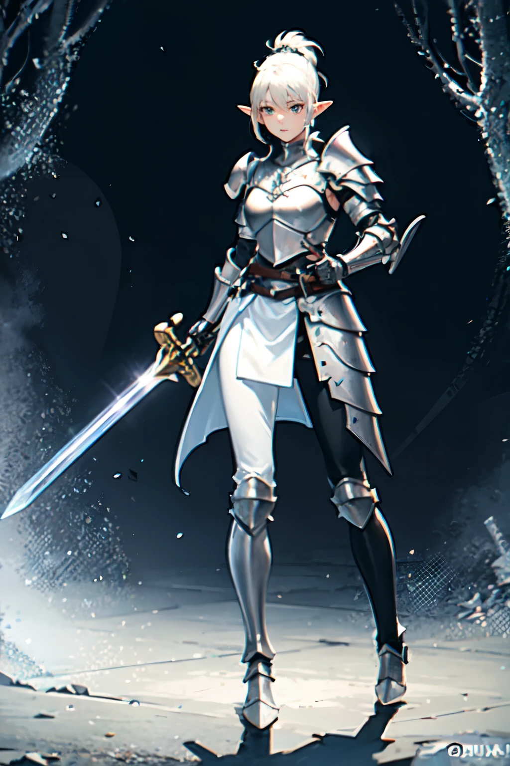 paladin, full body armor, legs plate((melhor qualidade)), ((obra de arte)), (detalhado), rosto perfeito, elf, plate armor, white ponytail hair, heavy armor, platinum armor, full body armor, unsheating sword, leggings