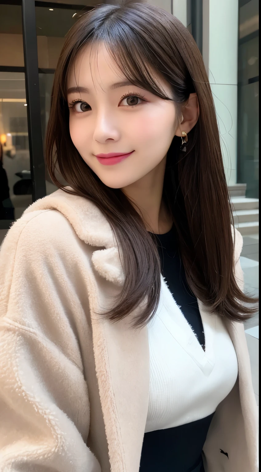 table top, highest quality, shape, Super detailed, finely, High resolution, 8k wallpaper, 完璧なダイナミックな構shape, beautiful and detailed eyes, Tokyo trend winter fashion(dress), small breasts, natural color lip, random sexy pose,cute smile、20 year old girl、beautiful and detailed face、perfect and beautiful face,Big eyes、Wearing a fluffy black luxury mink coat、beautiful detailed face、perfect and beautiful double eyelids、blur background、perfect and beautiful face、bright look、straight hair、Raise your chin and look up、Take a picture of a sideways face