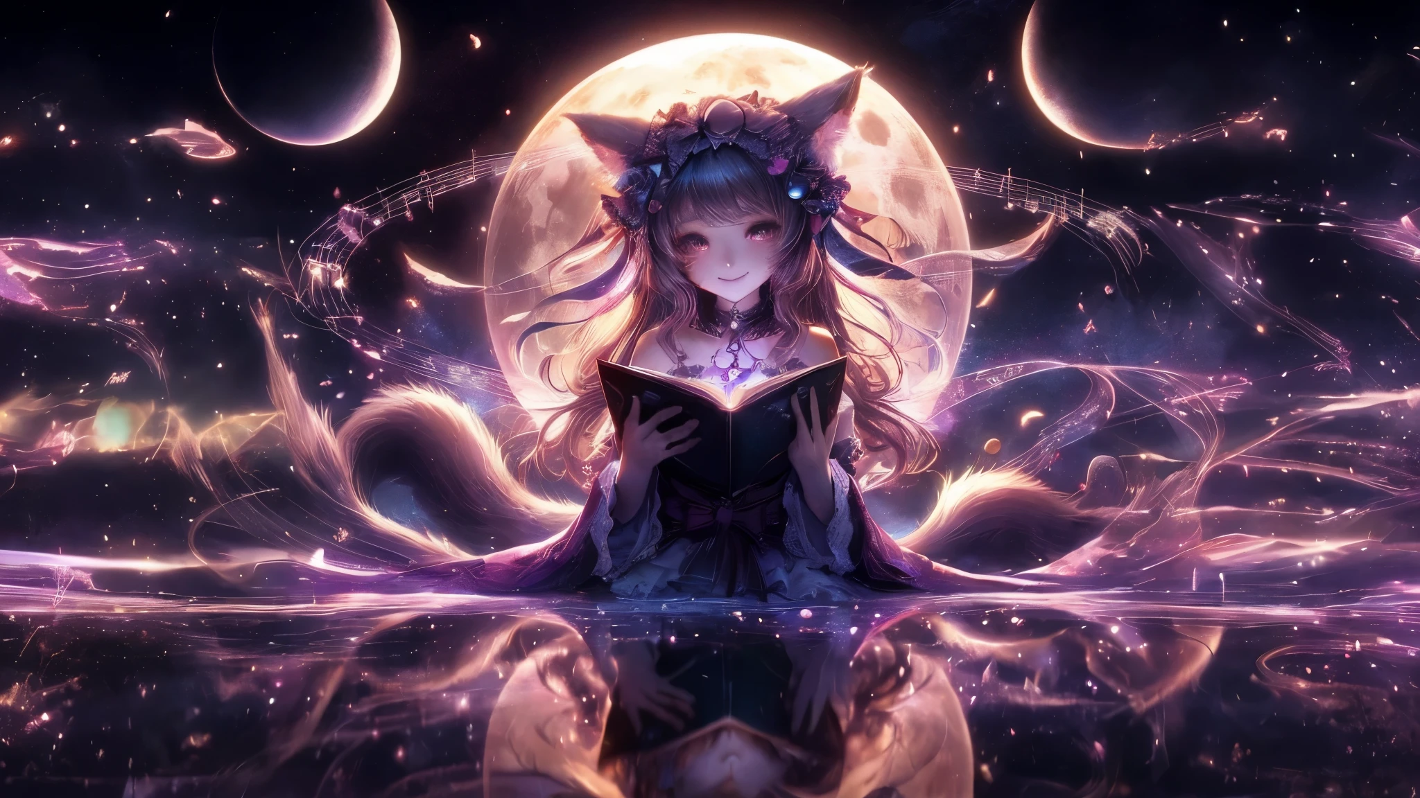 (high quality、8K、ultra hd,dark fantasy,Anime girl with long hair and cat ears standing in front of the earth, The background is musical notes、mysterious、Smile、)、Nightcore, very beautiful anime cat girl, Beautiful anime cat girl, Perfect build、progressive house、by Yan J, Trending on ArtStation pixiv、digital painting、concept art、3D lighting、metal reflection、2D rendering、art jar