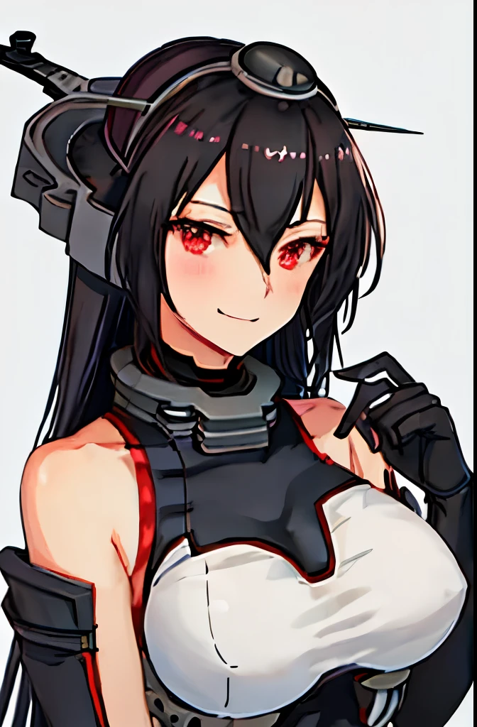 highest quality, masterpiece, High resolution, 一人in, {nagino_Kantai Collection:1.15}, black_hair, length_hair, red_eye, chest, hair_between_eye, headgear, big breasts_chest, smile, 1 girl, Elbow_gloves, gloves, upper_body, black_gloves, looking for_in_viewer, simple_background, gray_background, closed_mouth, partially_fingerless_gloves, black_coin, belly button, white_background