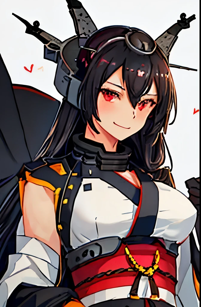 highest quality, masterpiece, High resolution, 一人in, {nagino_Kantai Collection:1.15}, black_hair, length_hair, red_eye, chest, hair_between_eye, headgear, big breasts, smile, 1 girl, kimono, looking for_in_viewer, simple_background, gray_background, closed_mouth, black_coin, belly button, white_background