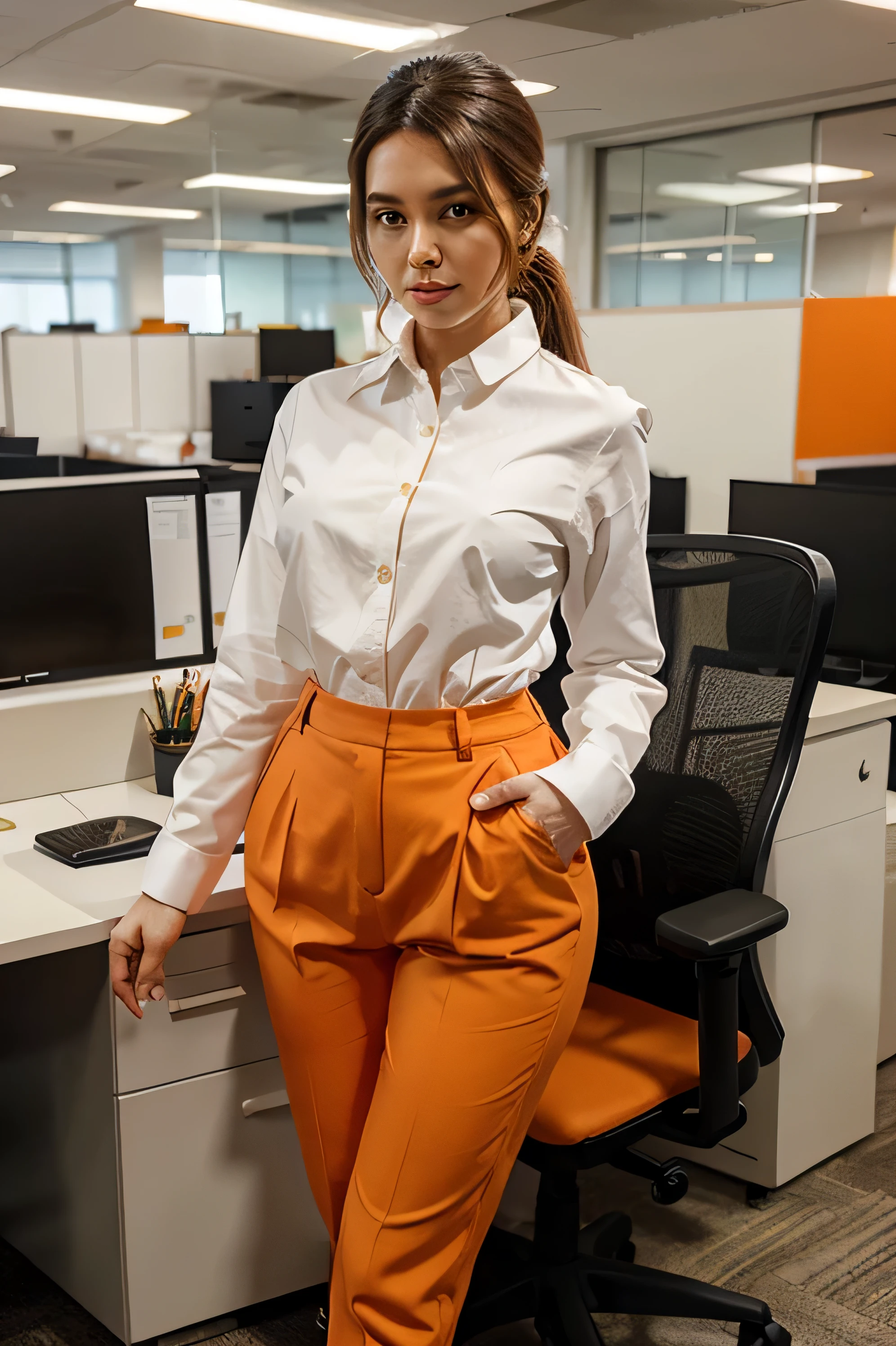 Office workers wear white long-sleeved shirts and orange pants..