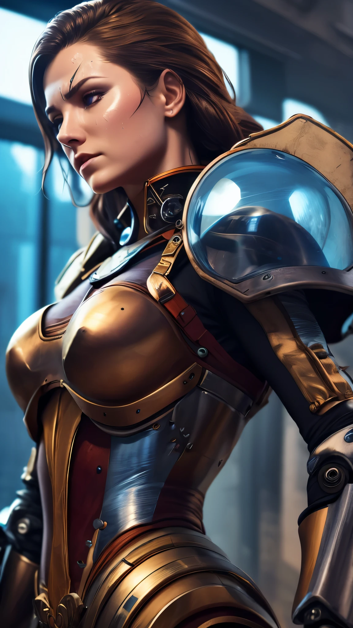 The image of the Alison Tyler as a pilot's girlfriend in a steampunk-style nanosuit on the background of a combat mech. Tired face, parted lips, beads of sweat on his forehead, wet hair. Medium plan, ultra realistic soft textures, high detail, sharp focus. Created using: the mood of relaxation after a hard battle, detailed steampunk-style clothing and equipment, mechanisms, wires, shiny metal surfaces and frosted glass, visors, mech combat weapons, soft diffused lighting, realistic texture, reflective surfaces, soft neutral color gamut, Mysterious