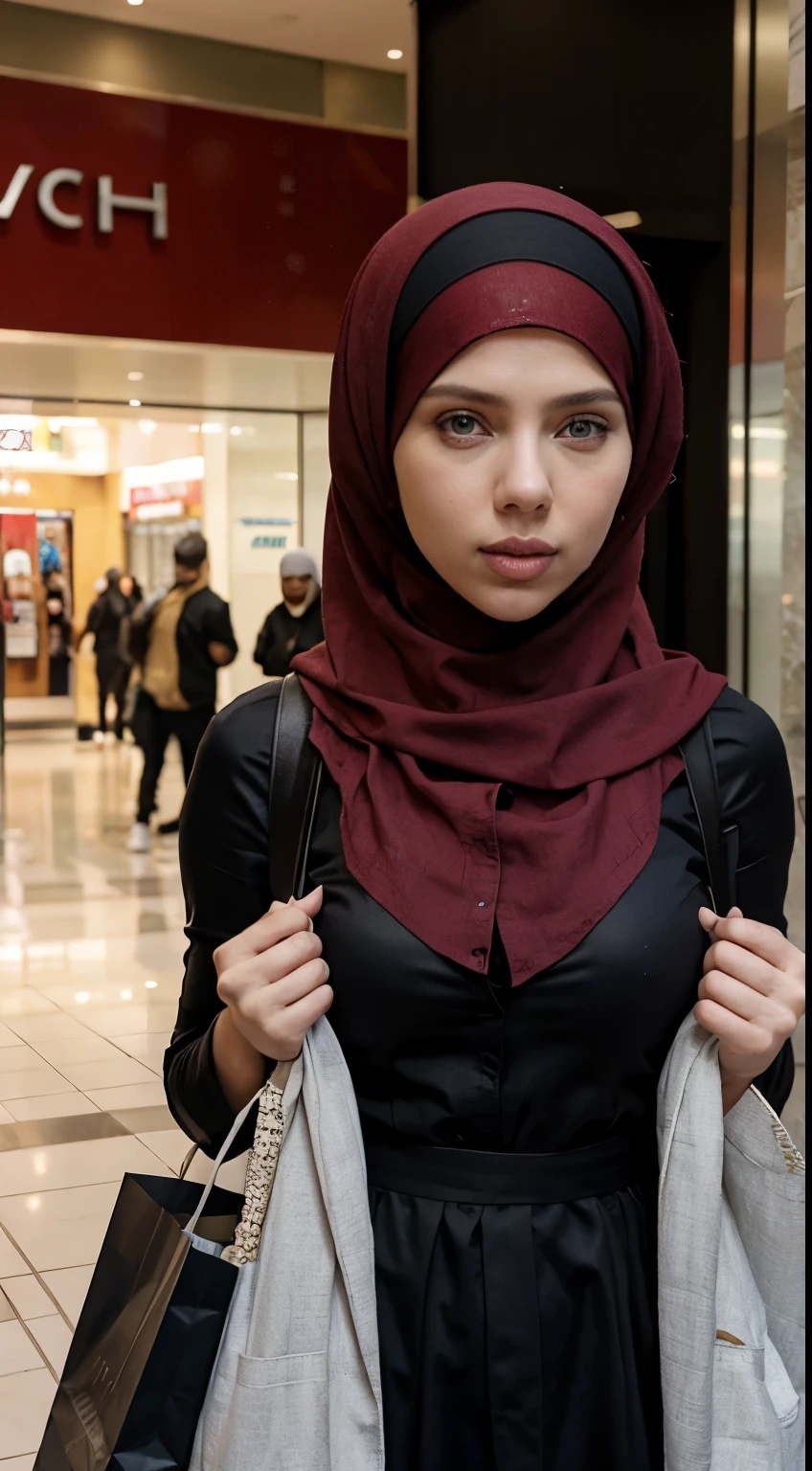 Scarlett Johansson dressed as Muslim clothing, olhar heroico, Facing the camera squarely, Mall shopping