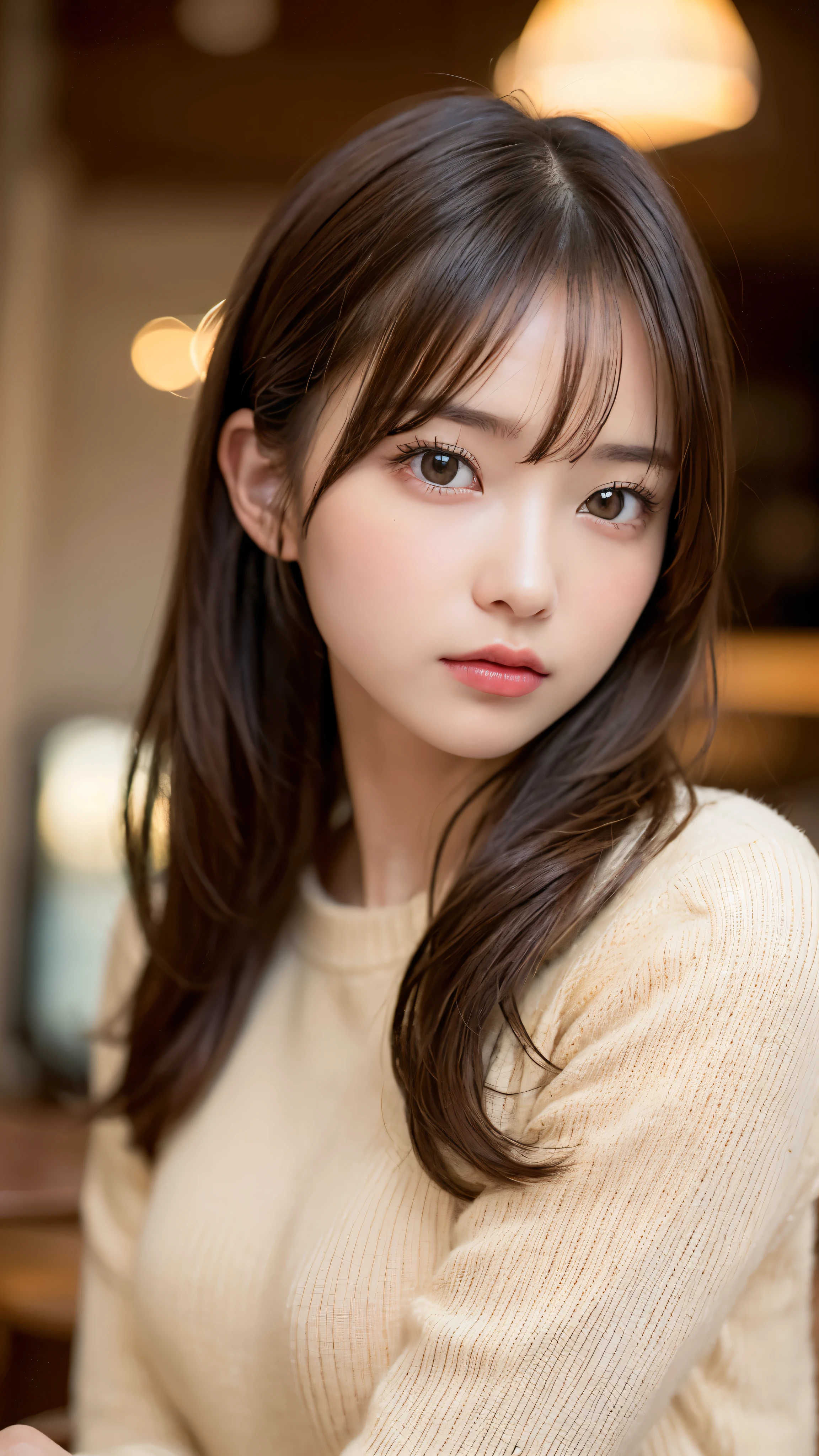 (masterpiece:1.5)、(realistic:1.5)、(highest quality:1.4、8K、RAW photo)、 ultra high resolution、professional lighting、perfect dynamic composition、Photographed at an antique and stylish cafe、 film grain、chromatic aberration、(Bokeh:1.1)、 Frank、Sophisticated、charm、超realistic、high detail、golden ratio、anatomically correct、 (1 girl)、slender girl、繊細でcharm女の子、cute woman:1.4、 serious expression、looking at the viewer、light brown hair、shining hair、Hair style is ponytail、 skin that looks real、 close your mouth、fine eyes、double eyelid、thin arms、ribbed sweater、checked mini skirt