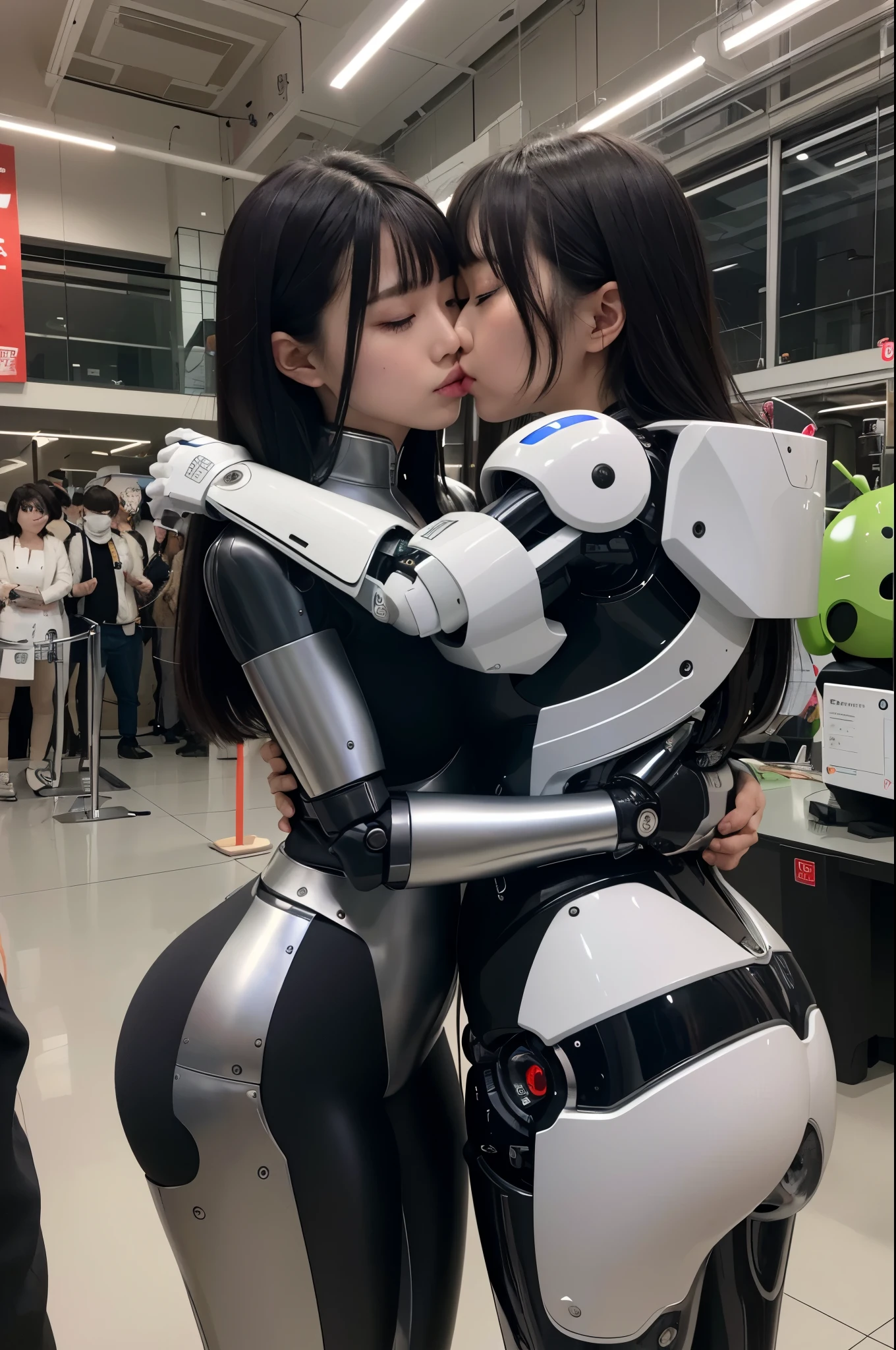 masterpiece, best quality, extremely detailed, Japaese android girls,two individuals,Plump , hug,kiss,control panels,android,Droid,Mechanical Hand, Robot arms and legs, Black hair,Blunt bangs,perfect robot girl,long tube,thick cable connected her neck,android,robot,humanoid,cyborg,japanese cyborg girl ,robot-assembly plant,She is assembled now,assembly scene,chest monitor,blue eyes